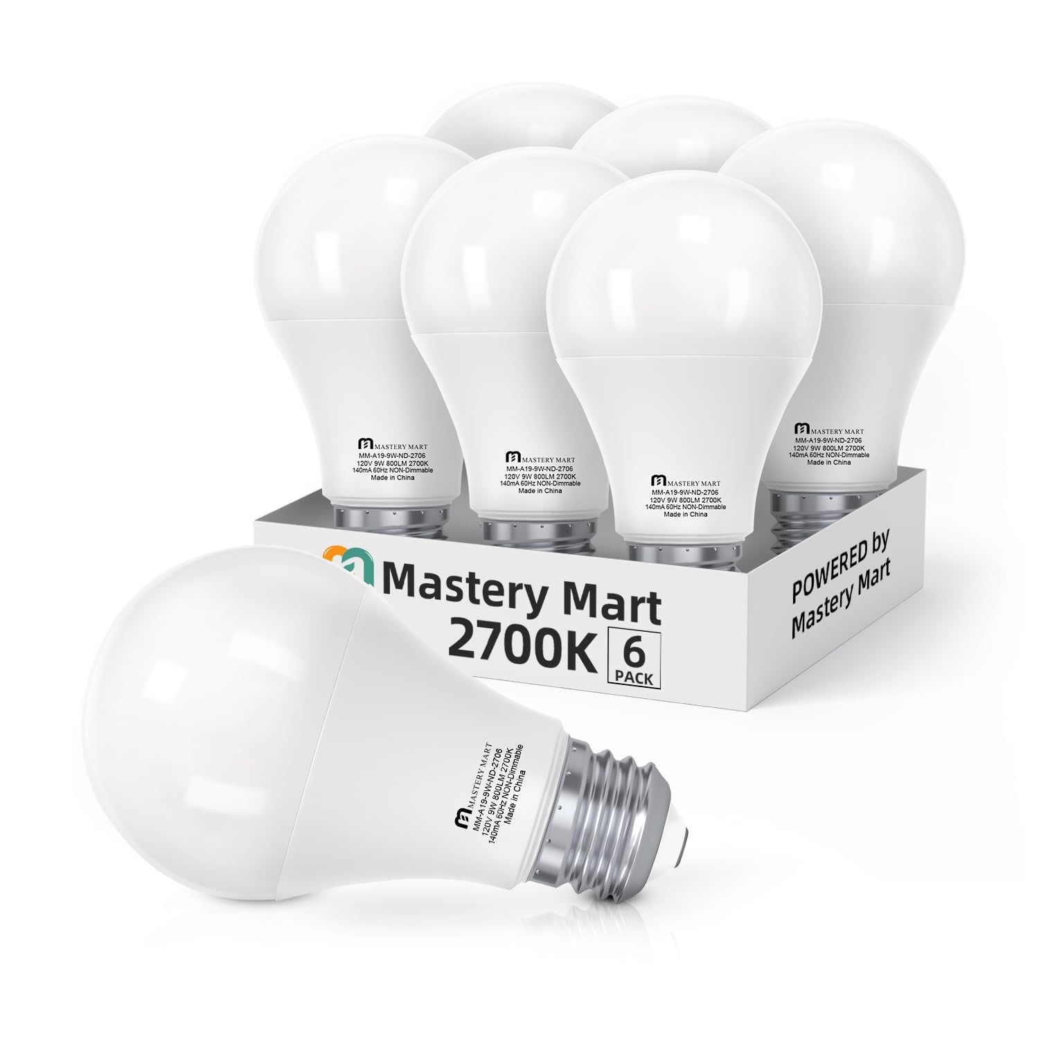Mastery Mart A19 Led Bulbs 60 Watt Equivalent, 9W Non-Dimmable, Flicker-Free, 800 Lumens, Soft White 2700K, E26 Base, 15000 Hour