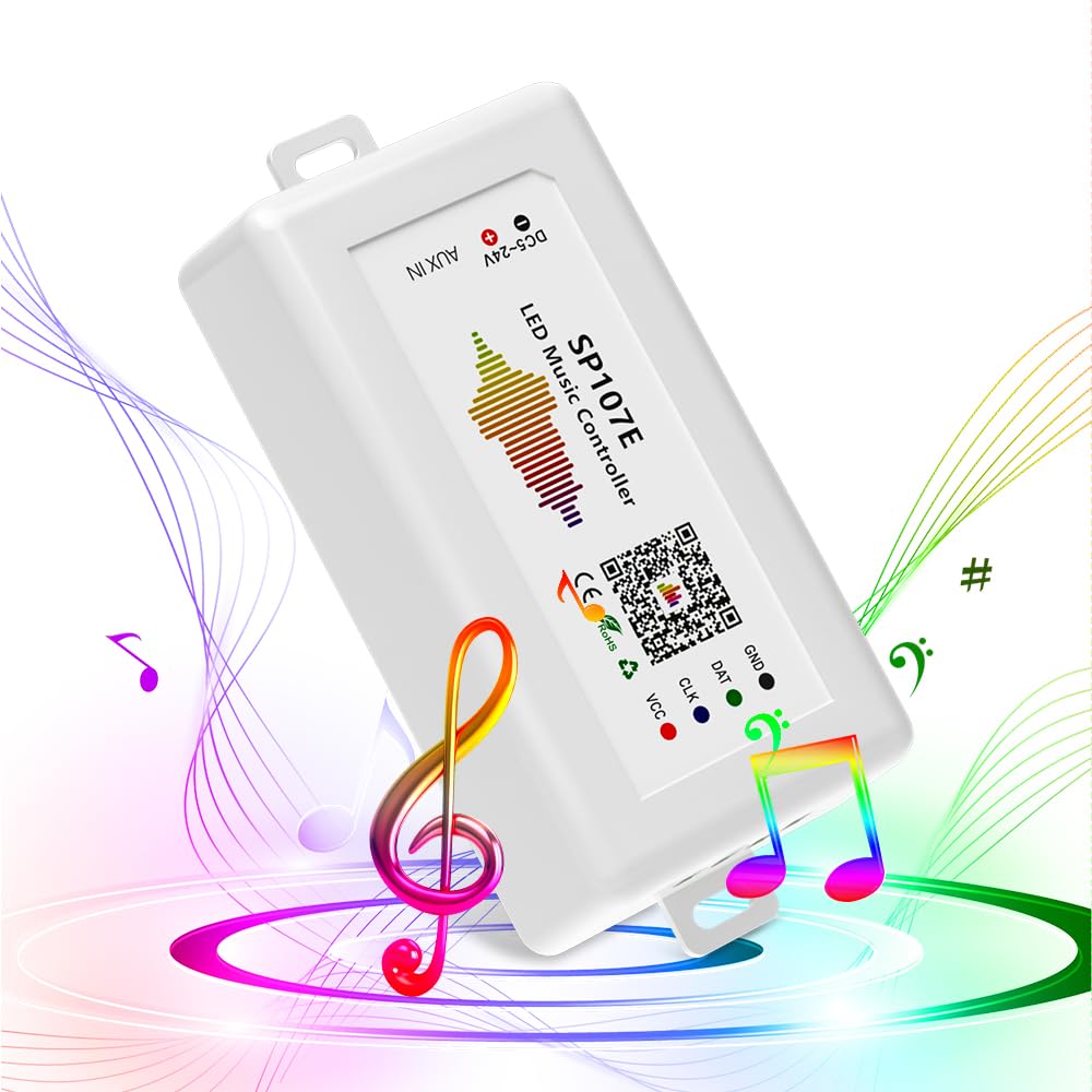 BTF-LIGHTING FCOB RGB Controller SP107E Music Bluetooth, Supports WS2811/WS2812B/WS2813, Built-in Mic, AUX Input, Plastic, Bluetooth Musical