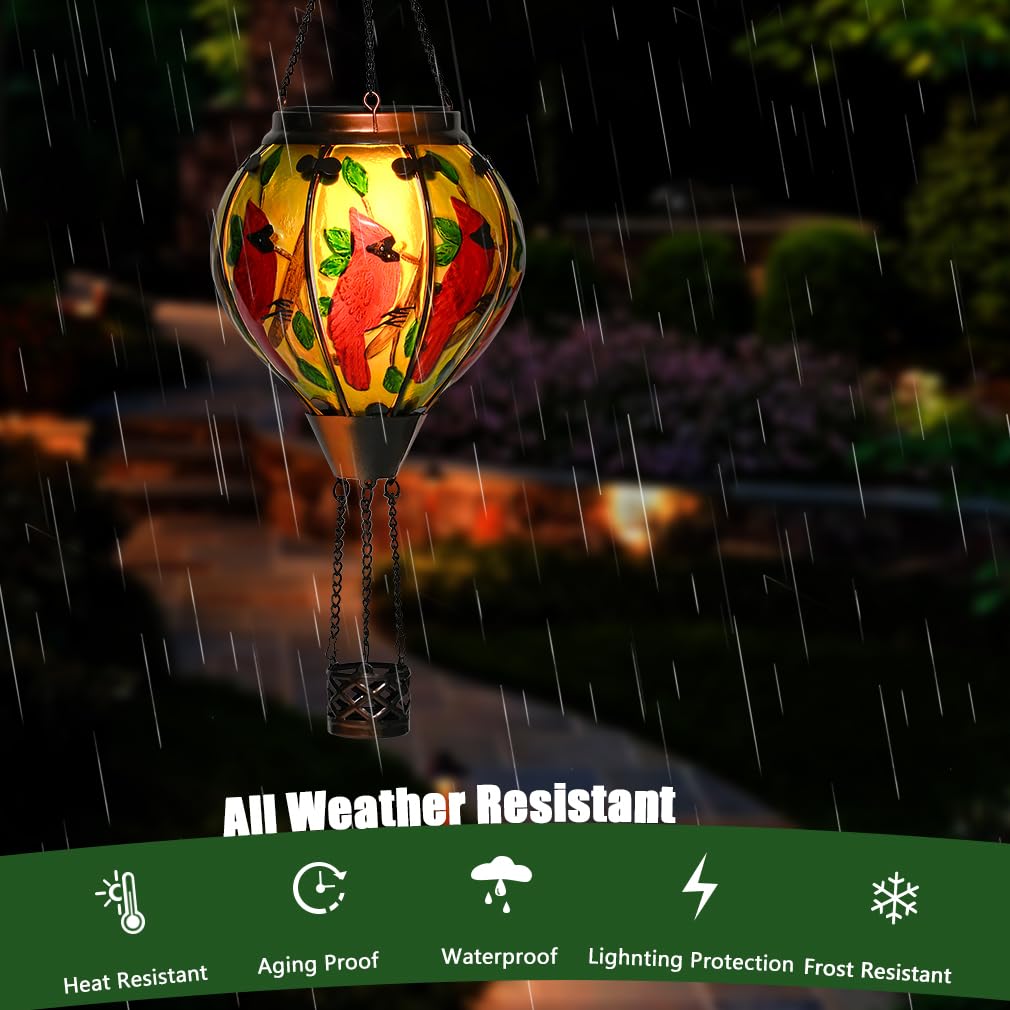 Hot Air Balloon Solar Lantern - Cardinal Bird Glass Lantern  Simulated Flickering & Dancing Flame  Outdoor Hanging Yard Light Waterproof Ip65 For Patio Lawn Porch Decor Gift