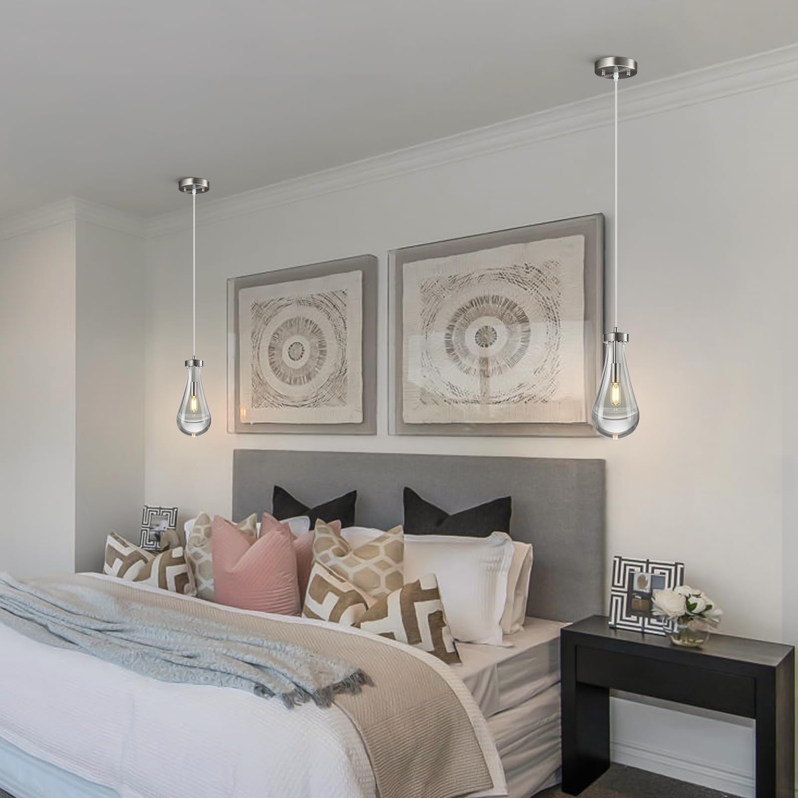 Liangmh Raindrop Pendant Lights Kitchen Island Teardrop Nickel Hanging Light Fixtures Clear Solid Glass Pendant Light Modern Cha