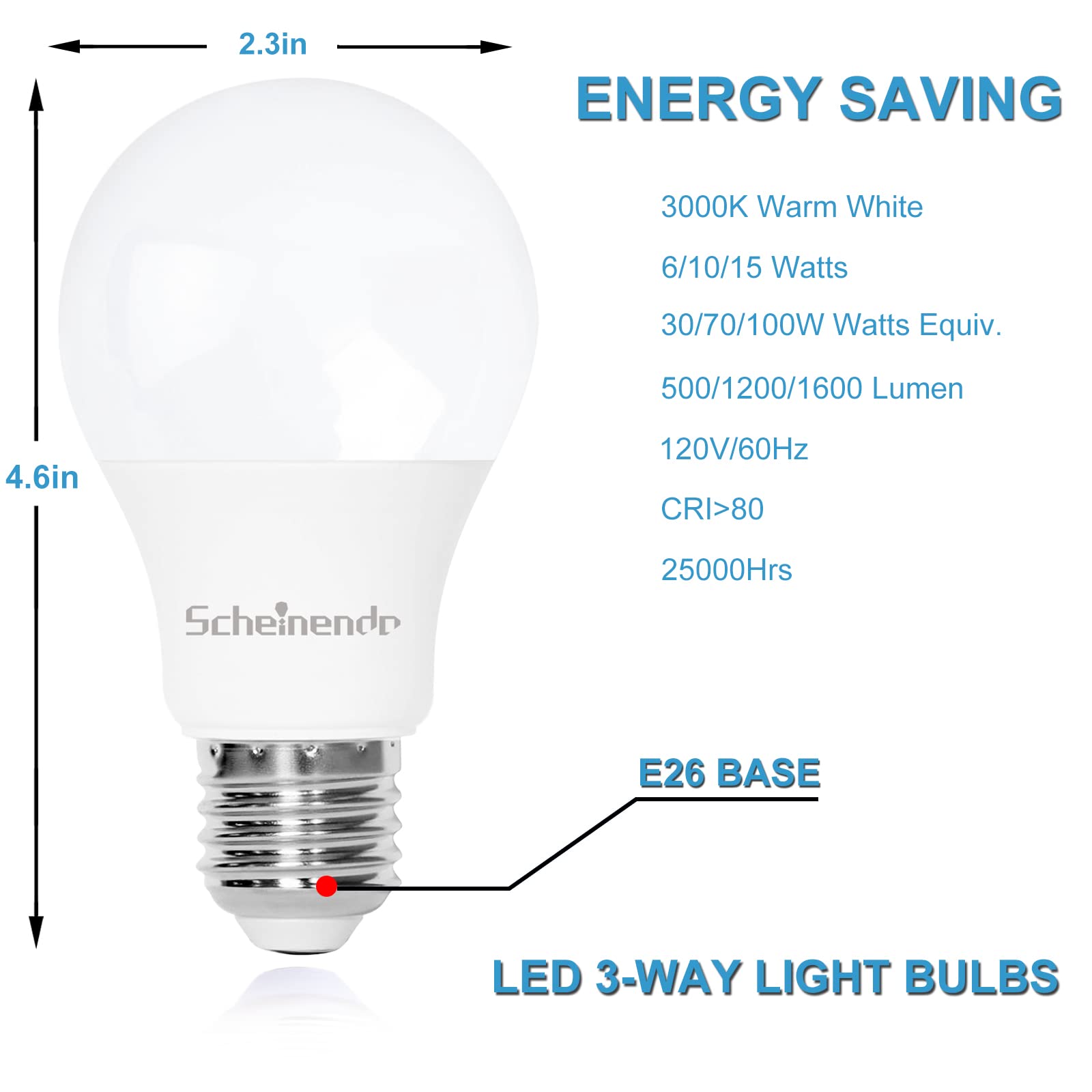 Scheinenda 3-Way Light Bulbs 30 70 100 Watt Equivalent, Standard A19 Indoor Led Bulb Warm White 3000K, 15 Watt Energy Efficient