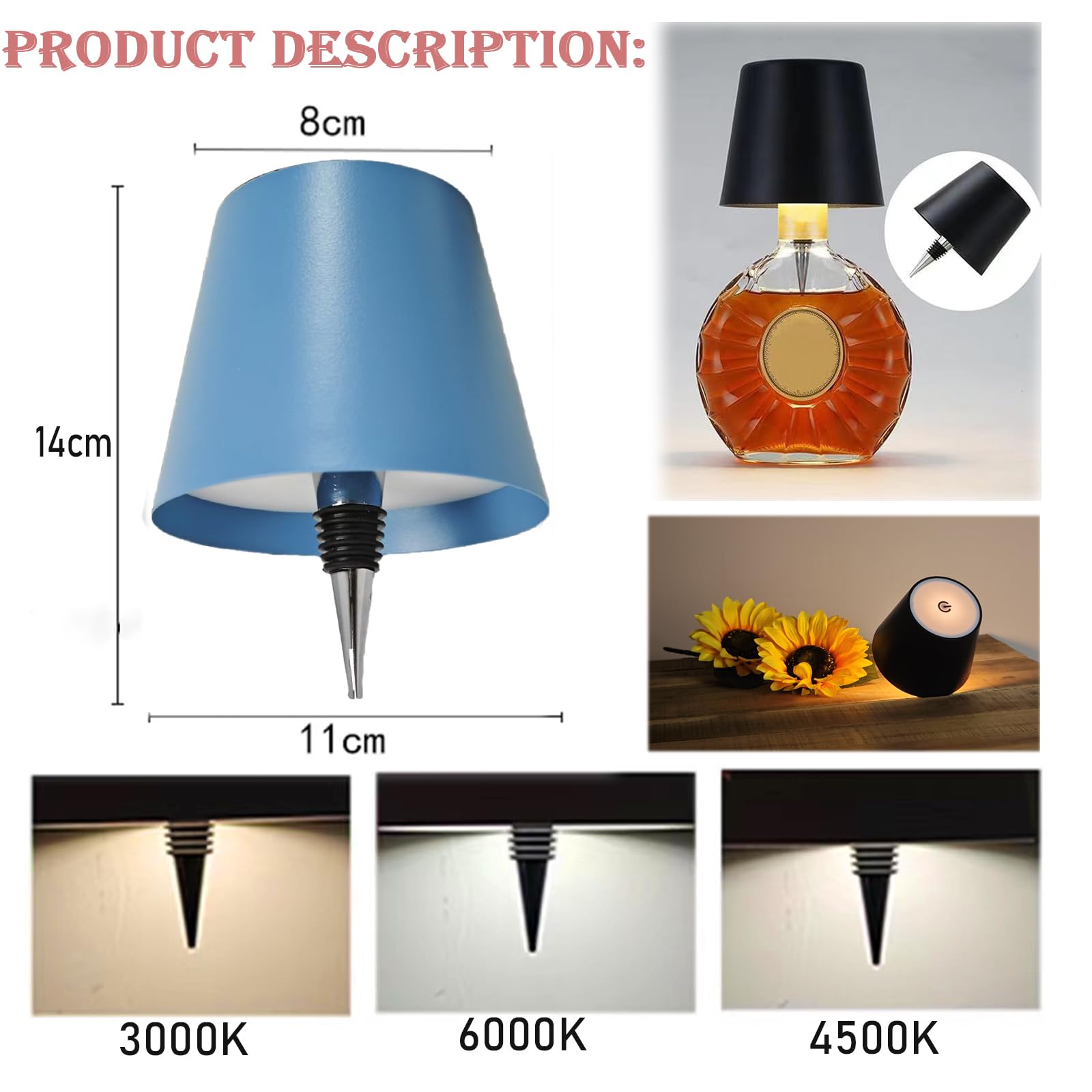 Neioaas Wireless Bottle Lamp, Touch LED, USB Rechargeable, 3 Color Dimming, 1 Size, Blue