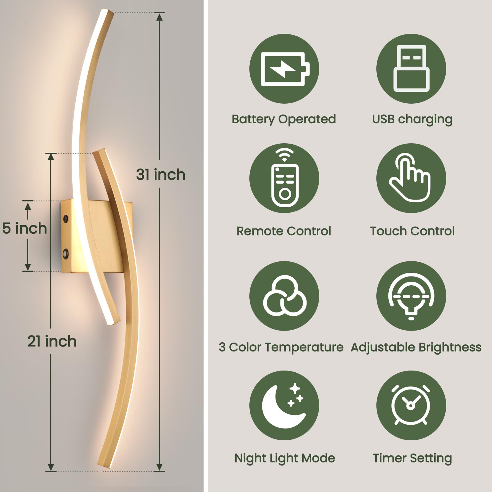 Sovinzert Wall Sconce, Gold LED Light with Remote Control, 3000K-6000K, Rechargeable, 39.3 Inch