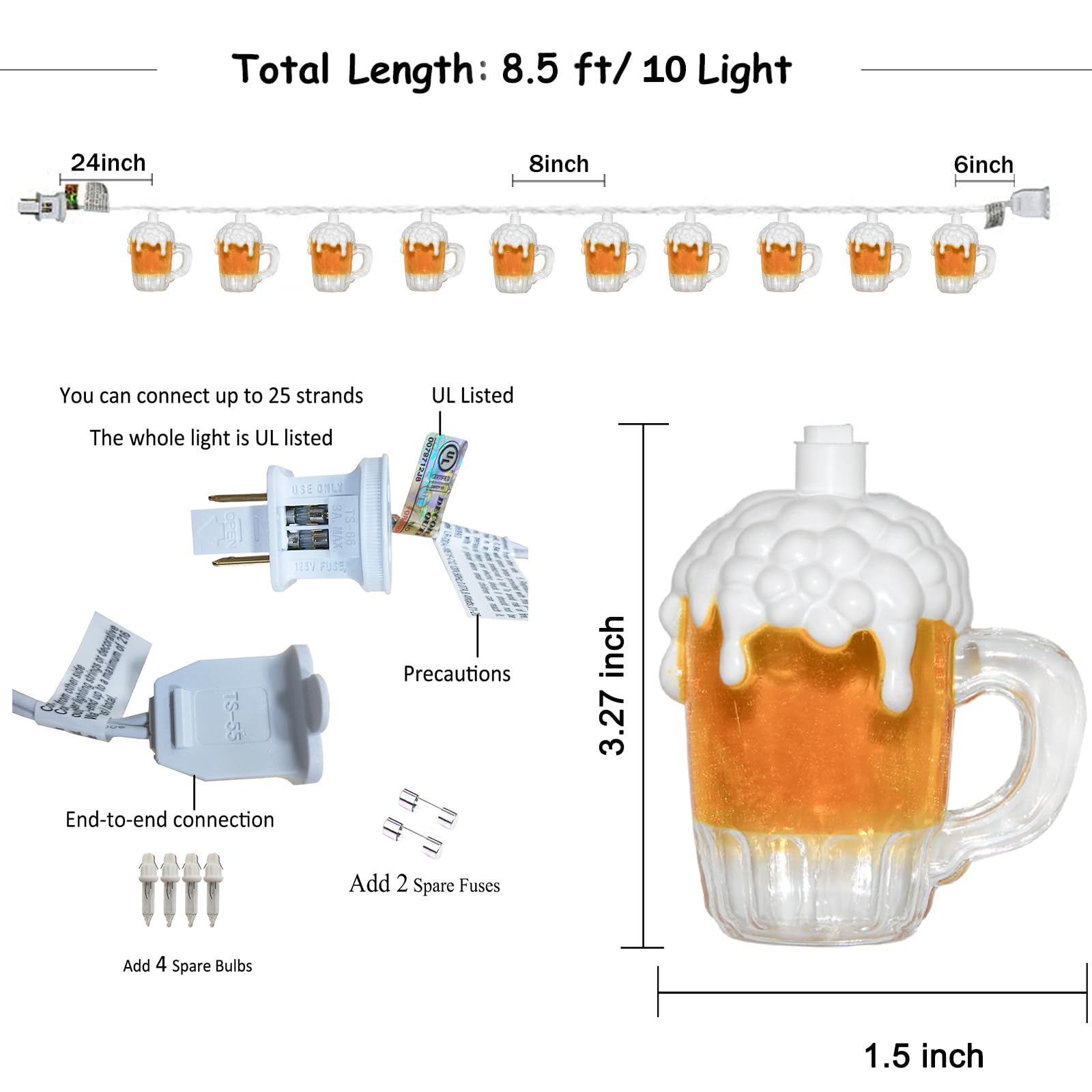 Egcol 8.5Ft Beer String Lights, Novelty Party Decoration Lights With 10 Beer Mug Bulbs For Indoor & Outdoor, Summer Patio Outdoo