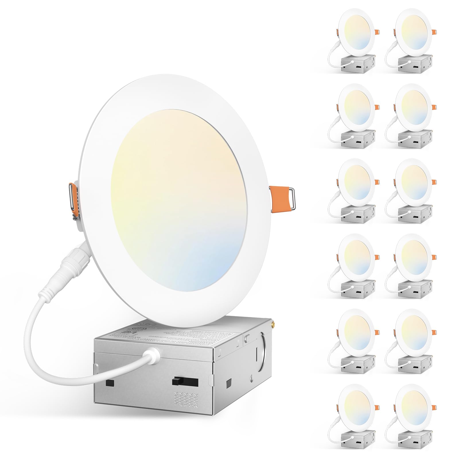 Amico 12 Pack 5 Inch 5Cct Ultra-Thin Led Canless Recessed Ceiling Light With Junction Box, 2700K/3000K/3500K/4000K/5000K Selectable, 11W=75W, 900Lm High Brightness, Dimmable Wafer Downlight, Etl&Fcc