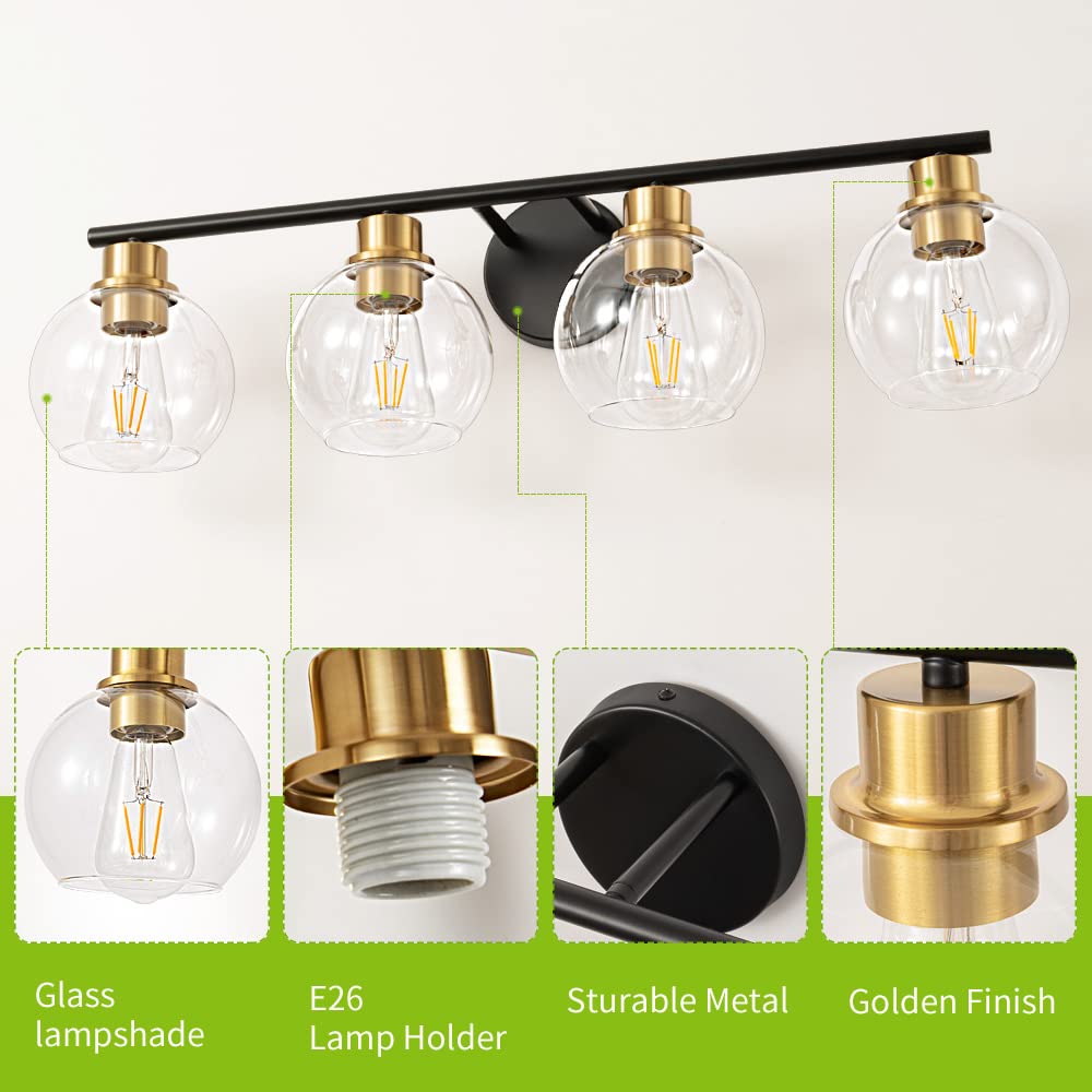 Lanmate Bathroom Vanity Light Fixture 4-Light Over Mirror 29.5in Metal Black and Gold Clear Glass Shade