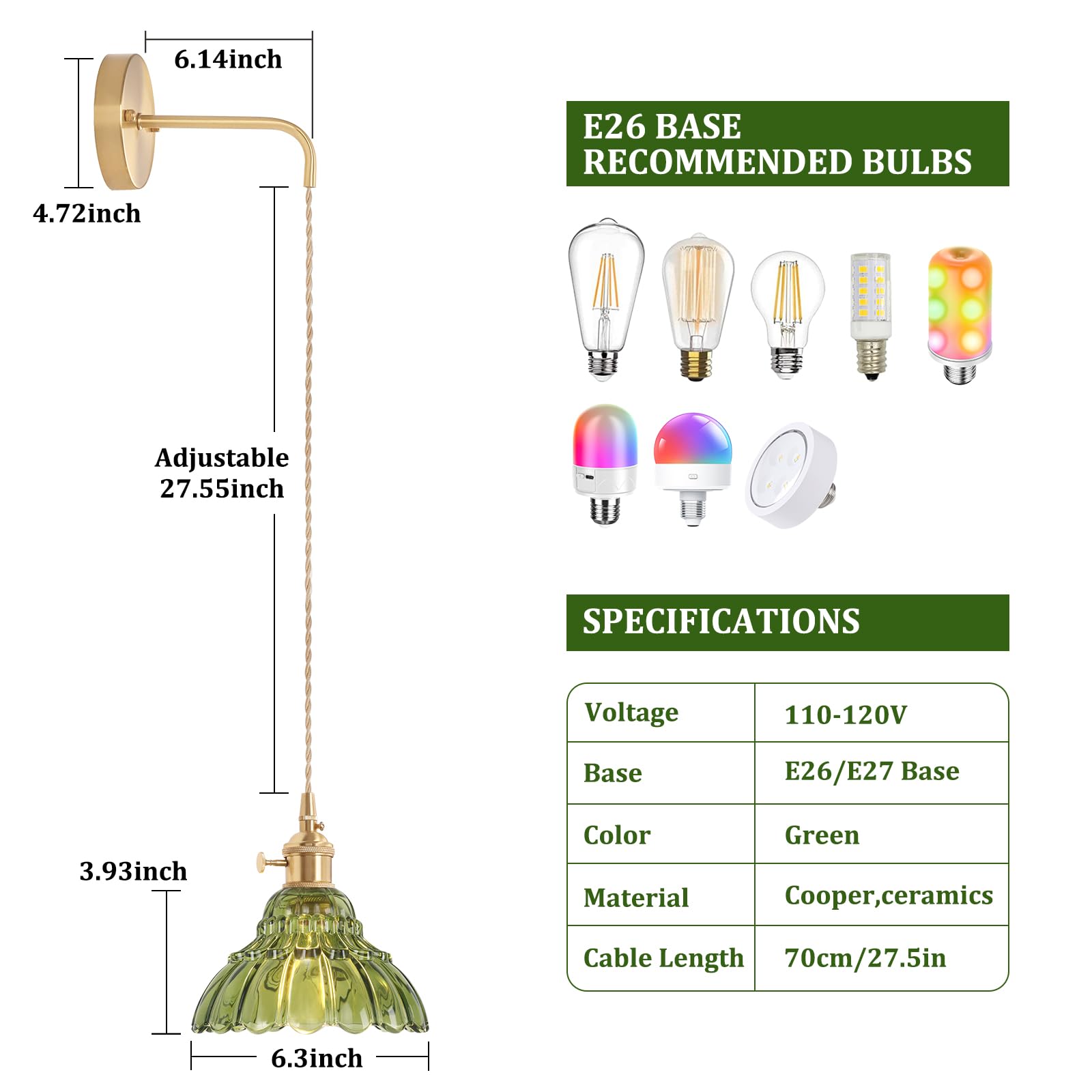 Shenmoyl Vintage Wall Sconce - Brass, Green Lily of the Valley Glass Shade, Hardwired, Model 1-9492