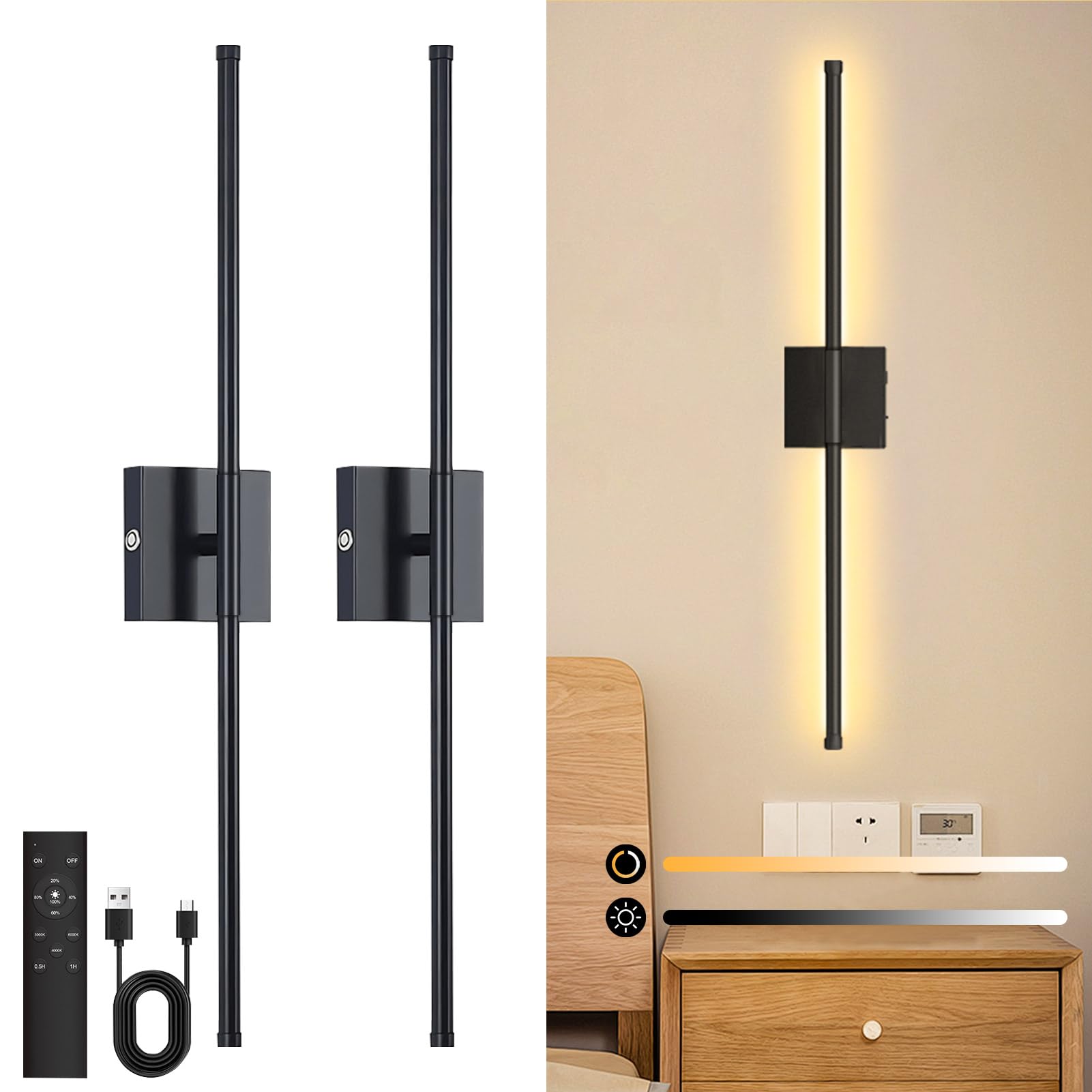 2 Pack Wall Sconces Battery Operated, Wall Sconces 3000K-6000K Dimmable Rechargeable Wall Sconce with Remote Control, 350Rotate