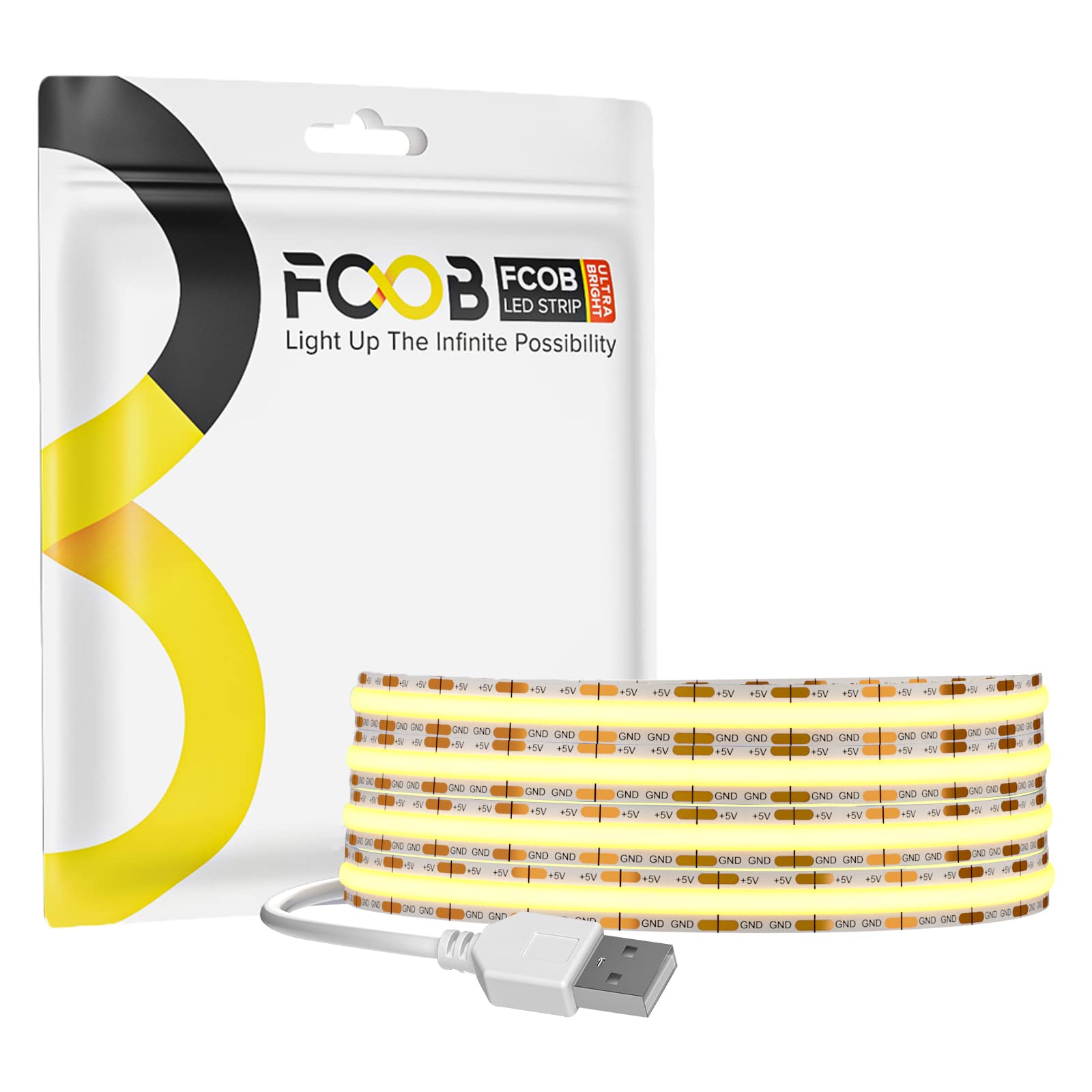 Fcob 6.56Ft Cob Usb Led Strip, Warm White 3000K, Dimmable, High Density, Flexible For Indoor Decoration