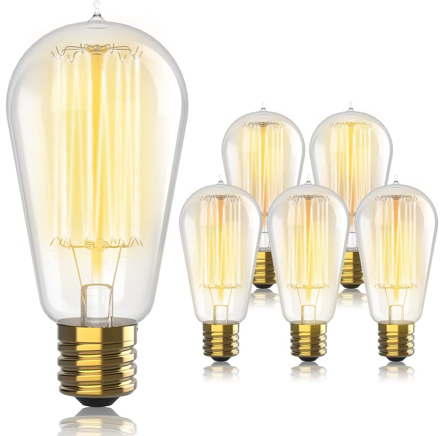 Vintage Incandescent Edison Light Bulbs 60W (6 Pack)- E26/E27 Base 2100K Dimmable Decorative Lightbulbs - St58 Style Warm Light