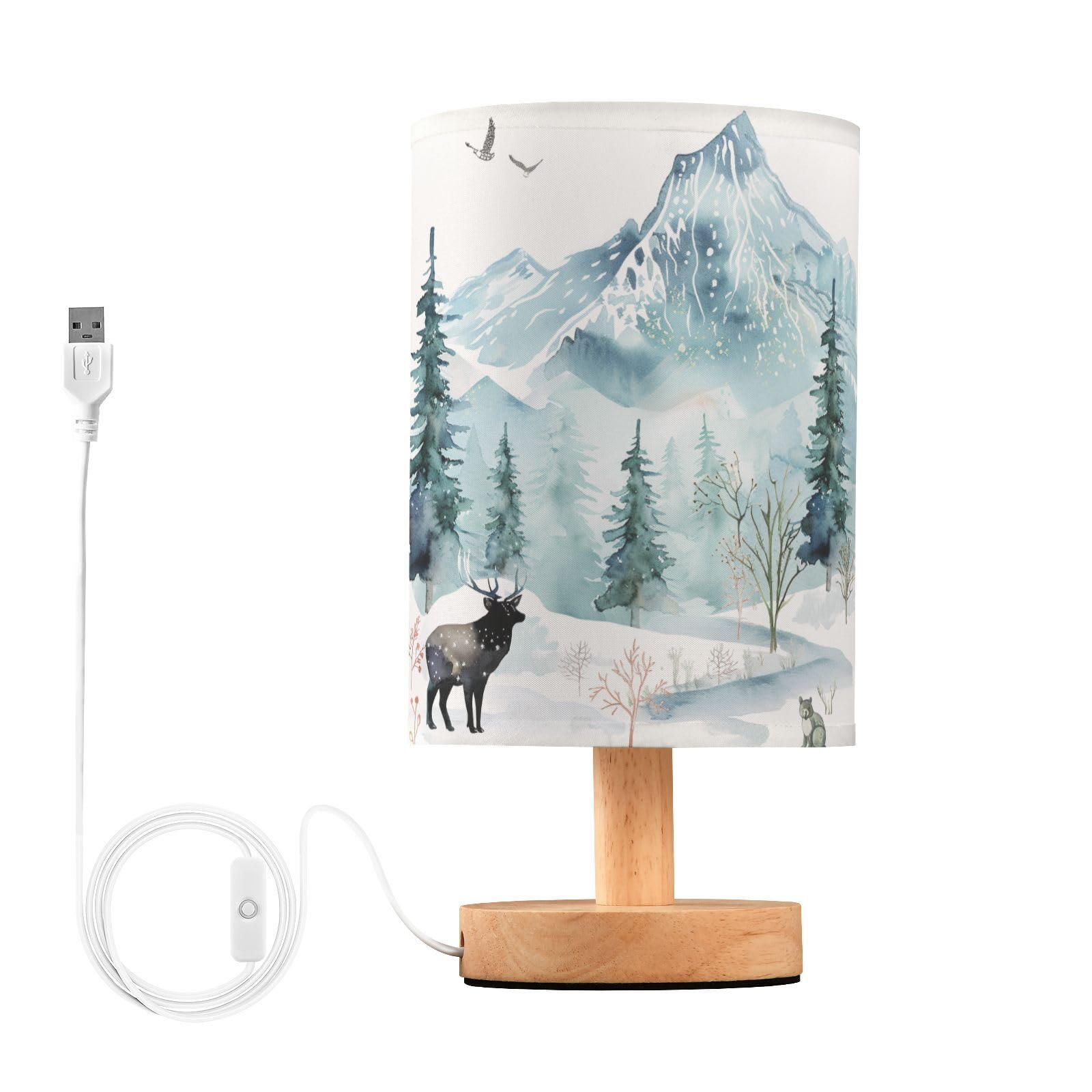 YYZZH Table Lamp Watercolor Winter Forest Tree Animal Mountain Bear Deer Owl Nightstand Lamp with Wood Base Fabric Lamp Shade Be