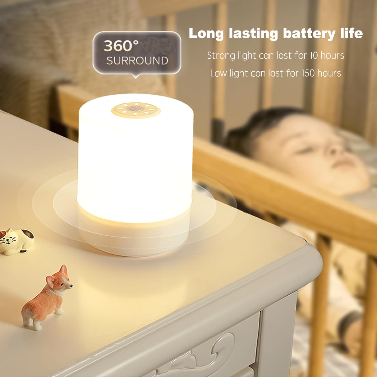 JININQ Touch Bedside Table Lamp - Dimmable LED Night Light, USB Rechargeable, 3 Colors, Soft Eye Caring, White, Model 001