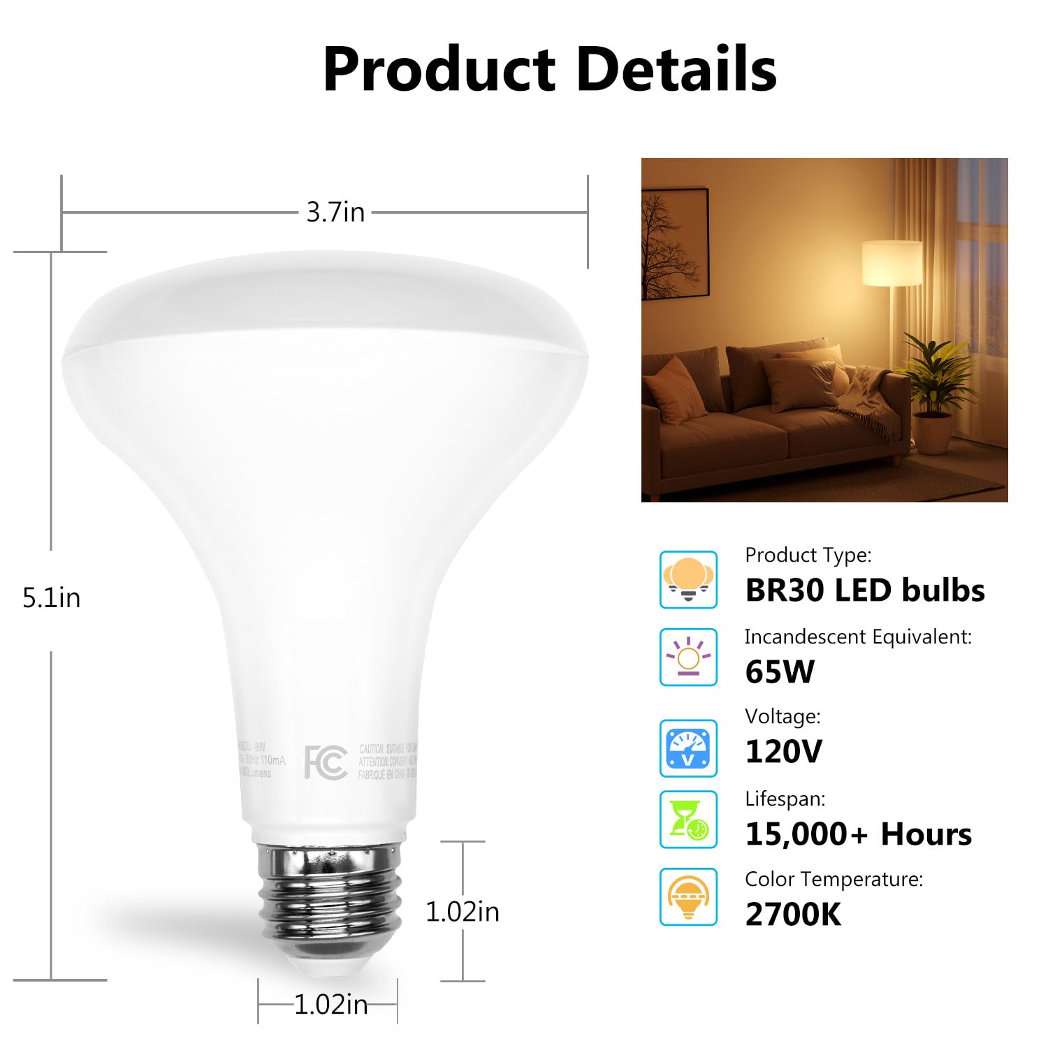 Dalattin 12 Pack Br30 Led Bulbs 65W Equivalent, Dimmable Indoor Flood Lights Bulb, E26 Base, 2700K Warm White, 9W, 800 Lm, Reces