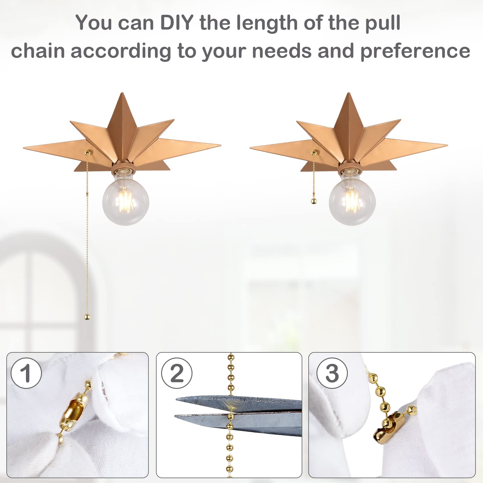 Airposta Flush Mount Ceiling Light Fixture, Brass Star Design, Industrial Metal, Pull Chain, Ideal For Hallway, Entryway, Kitchen, Bathroom