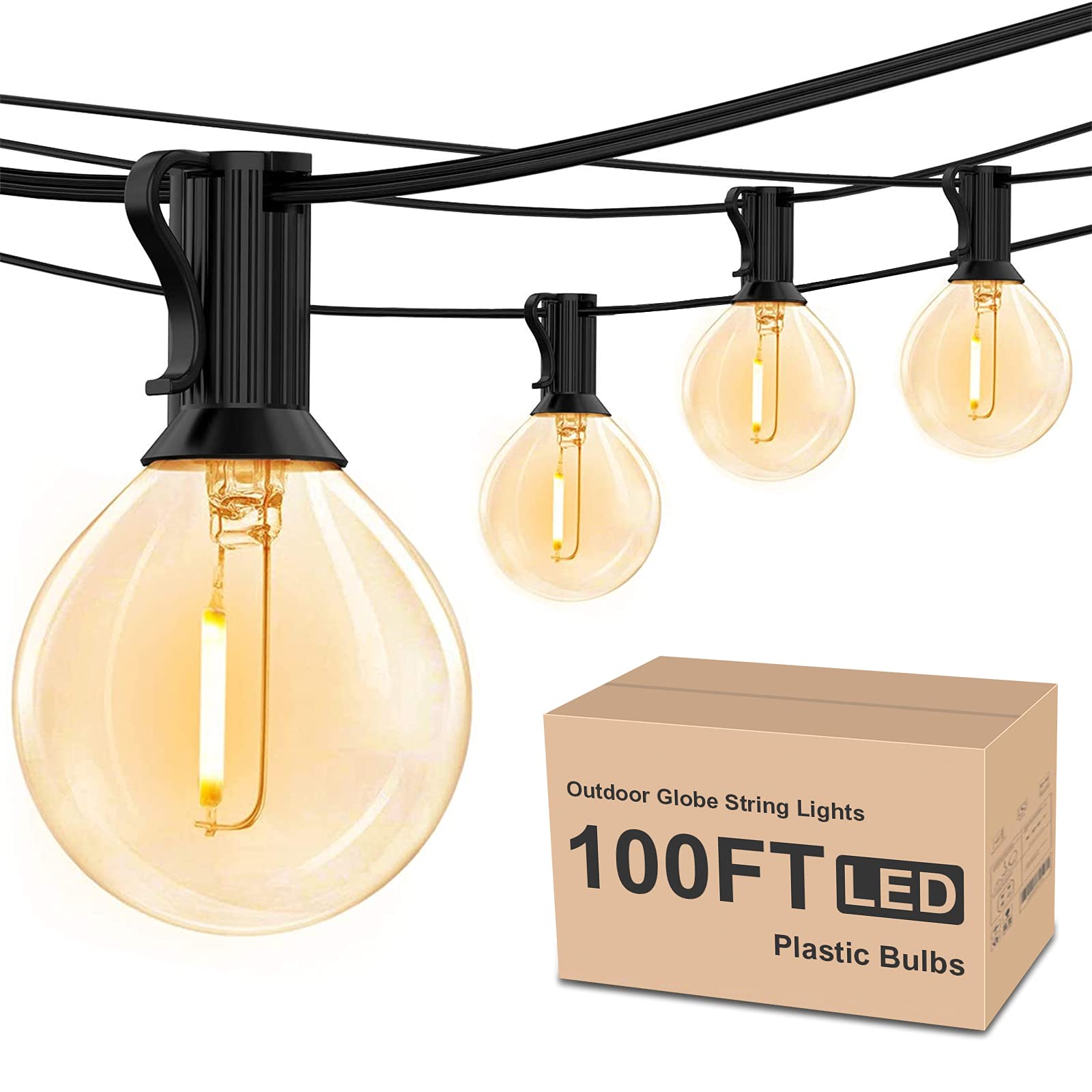 Rtty 100Ft Outdoor String Lights - Warm White G40 Led Patio Lights With 52 Waterproof Bulbs