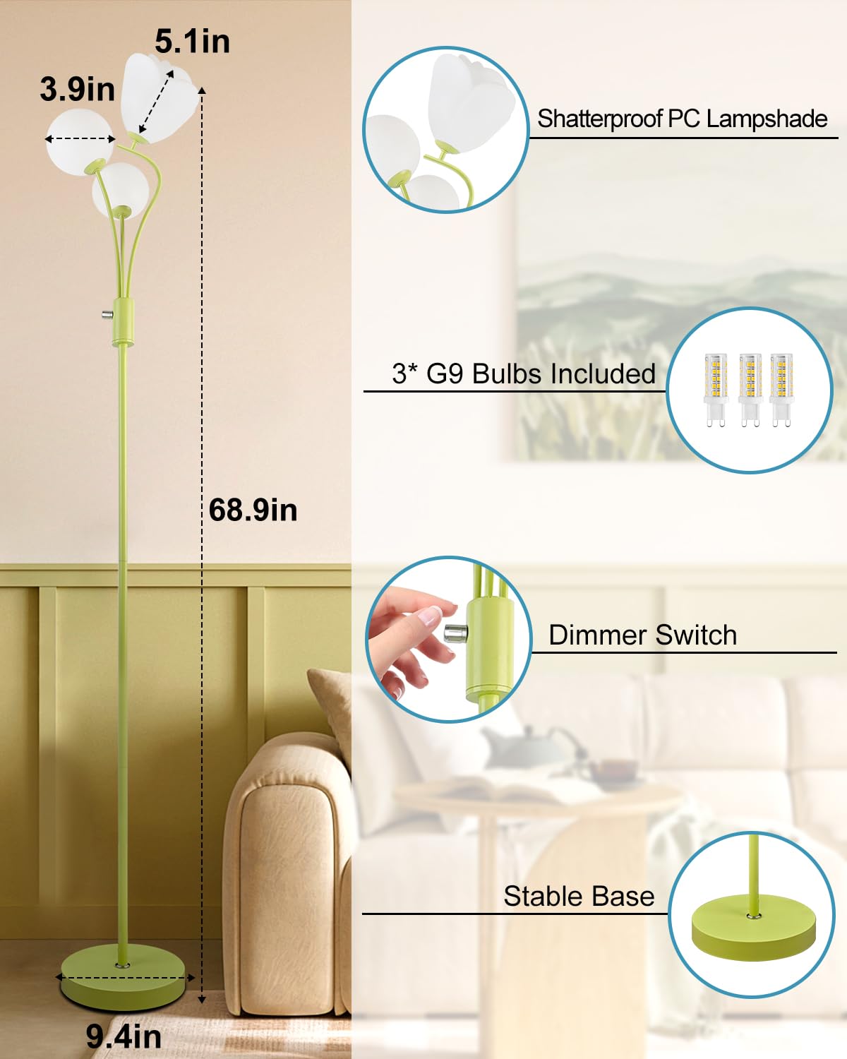 69In Dimmable Floor Lamp Art Deco Floor Lamps With Globe & Flower Lampshade For Girls/Kid Room Standing Lamps With 3Pcs 3000K Bu