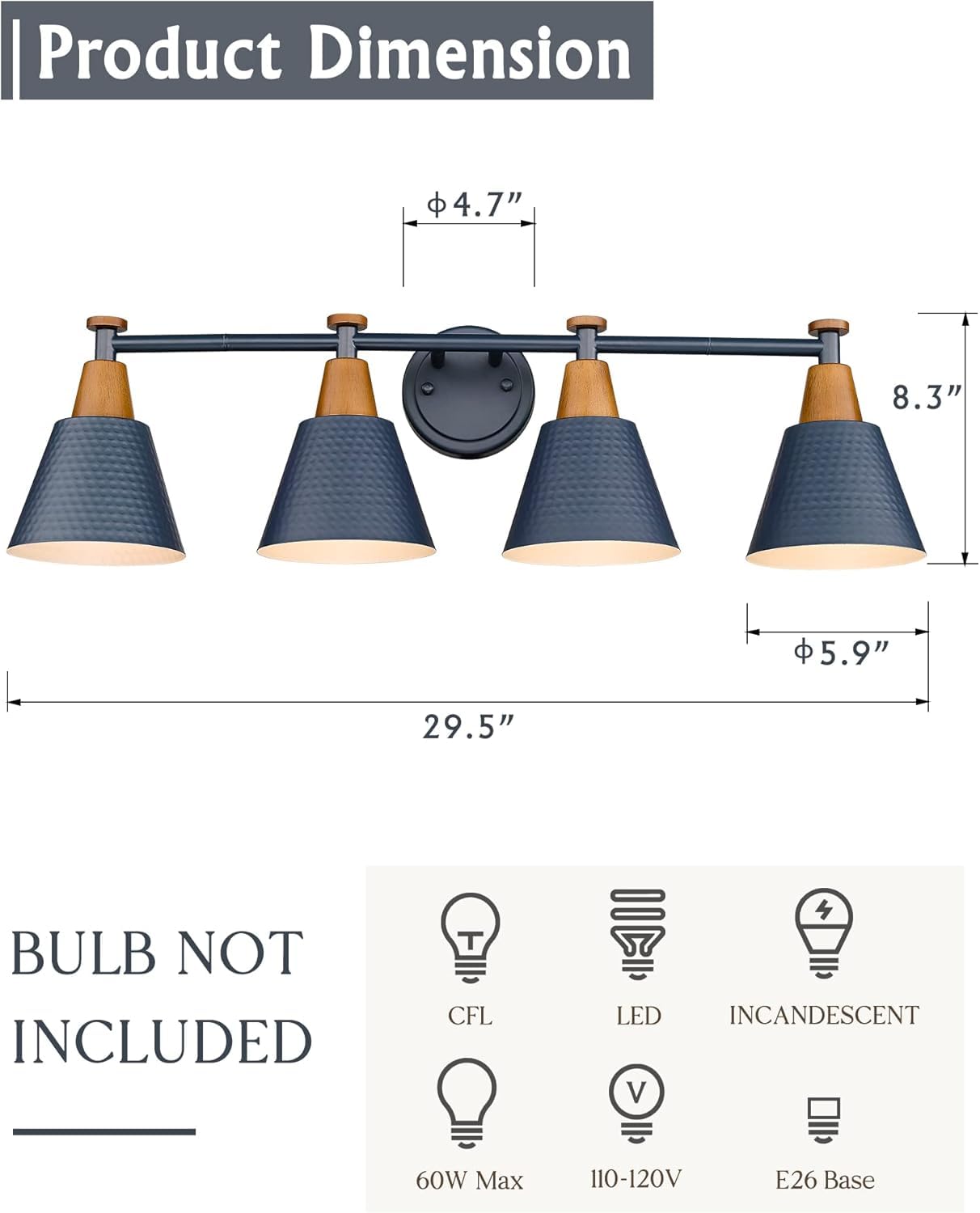 FEMILA 4-Light Bathroom Vanity Light Fixture, Hammered Metal Shade, Dark Blue, Farmhouse Modern Design
