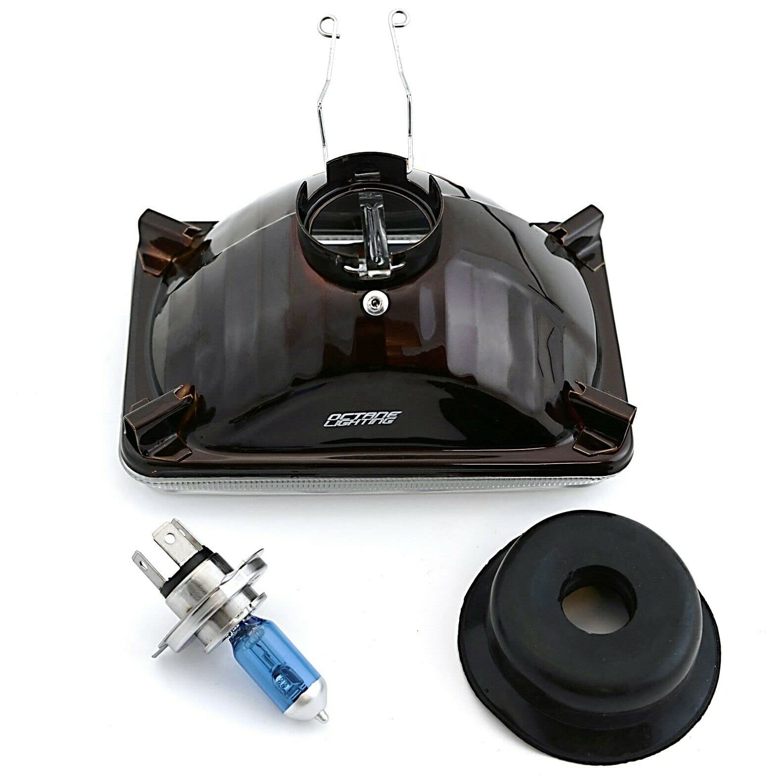 Octane Lighting 4X6 Diamond Crystal Clear Glass Lens Metal Headlight H4 Light Bulb Headlamp Pair