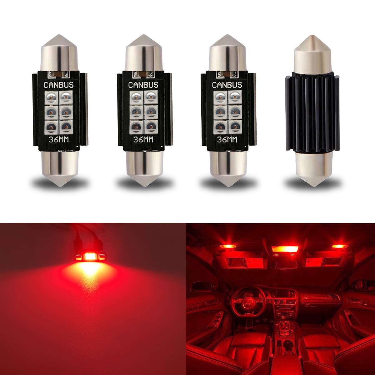 iBrightstar Newest 9-30V Extremely Bright 6411 6418 C5W Festoon LED Bulbs Error Free 1.5" 36mm for Interior Map Dome Lights and License Plate Courtesy Lights, Red