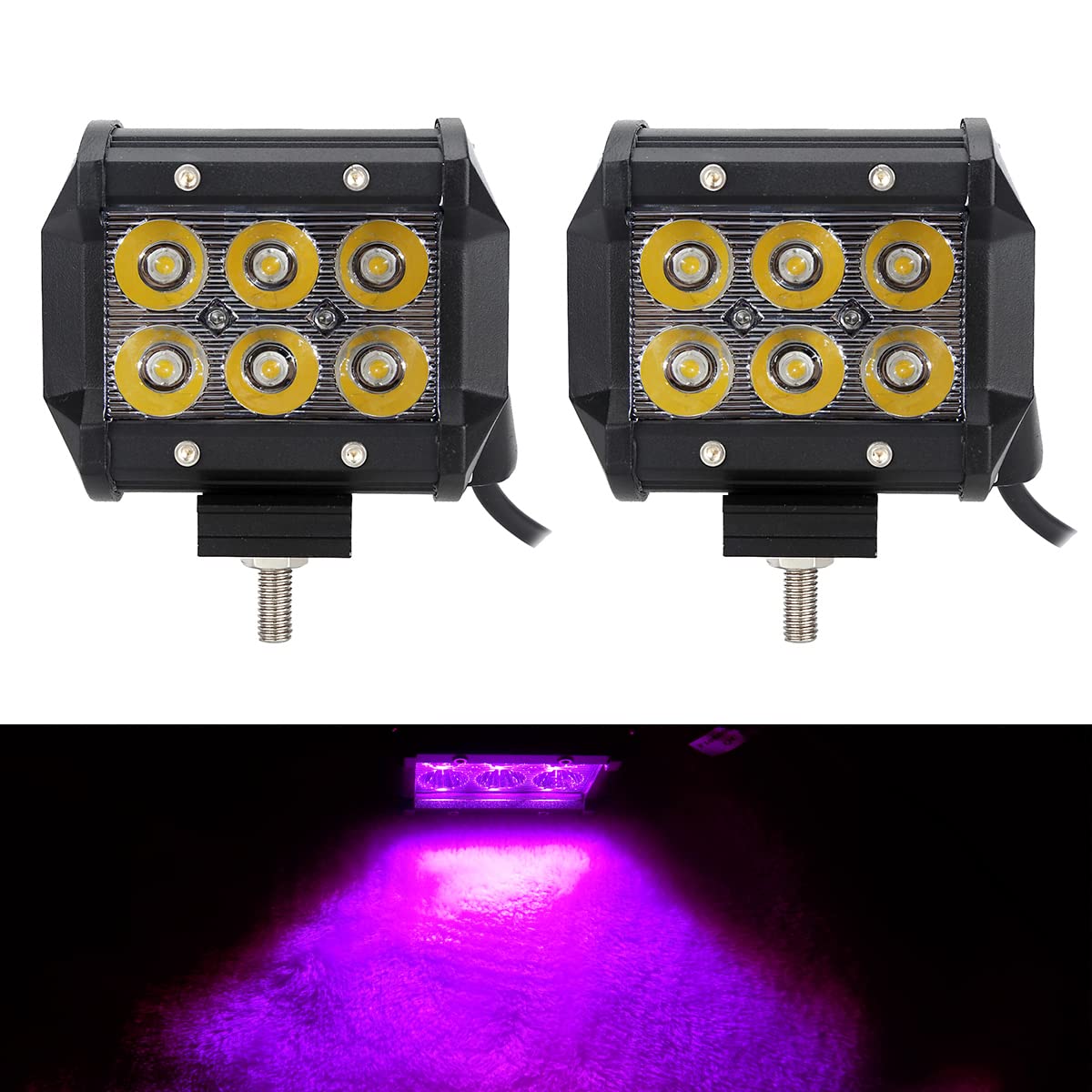 AUXMOTEC 18W LED Spot Light Bar - Purple Pink, 2pcs, Waterproof for Off-road, Boat, Tractor, Trailer Navigation
