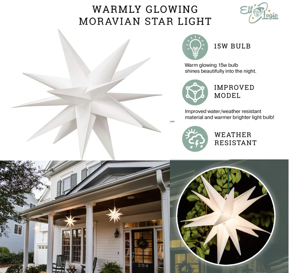 Elf Logic 18" White LED Moravian Star - Easy Assembly Outdoor Christmas Light with Battery Timer, Metal Holiday Decoration
