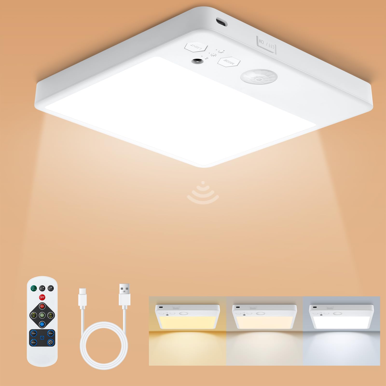 Karjoefar Motion Sensor Closet Light, 7000Mah Rechargeable Ceiling Light With Remote,3 Color Temperatures And Dimmable, Magnetic