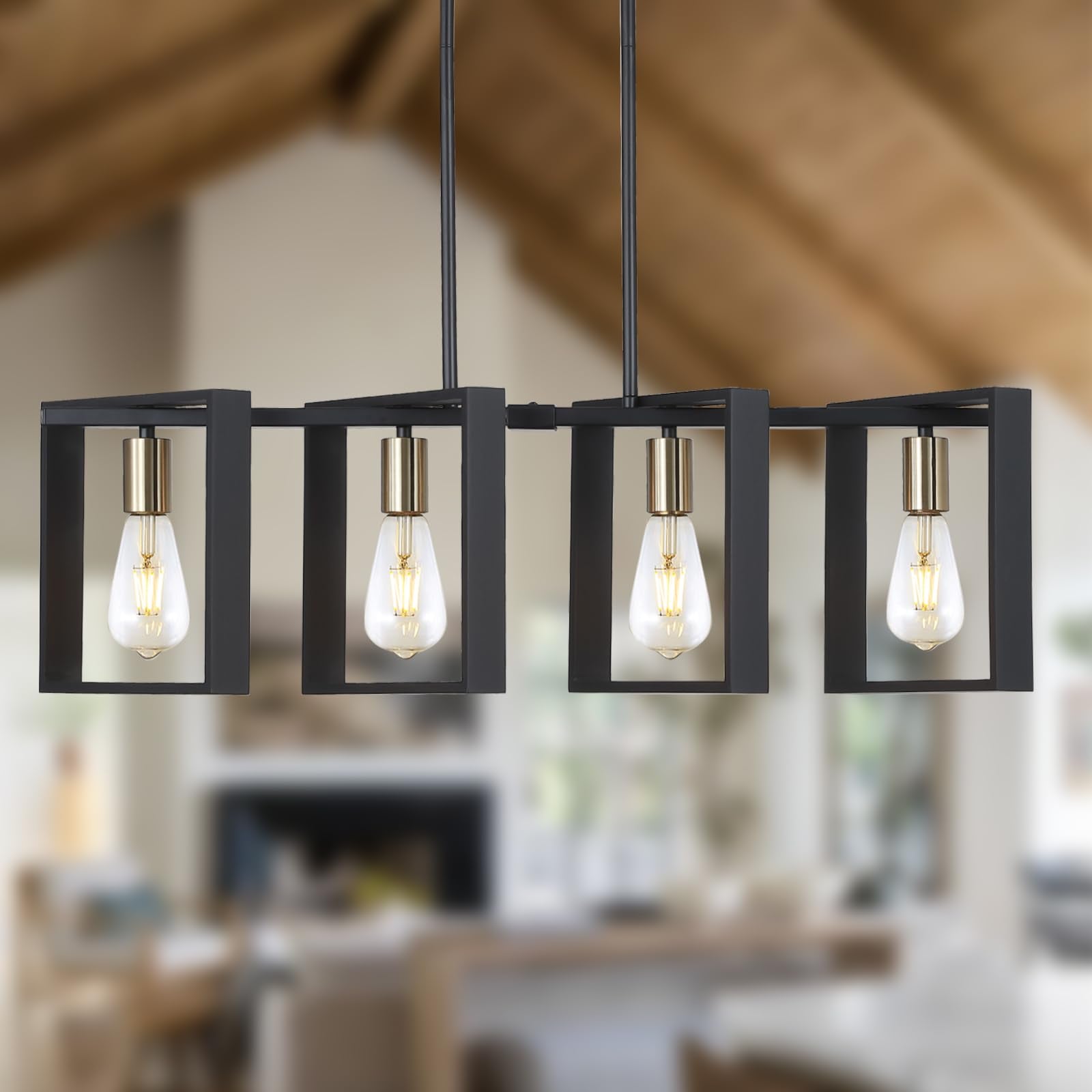 9MMML 4 Lights Wood Chandelier,Industrial Rectangle Linear Dining Room Pendant Light, Black Wood Frame+Gold E26 Socket,Kitchen I