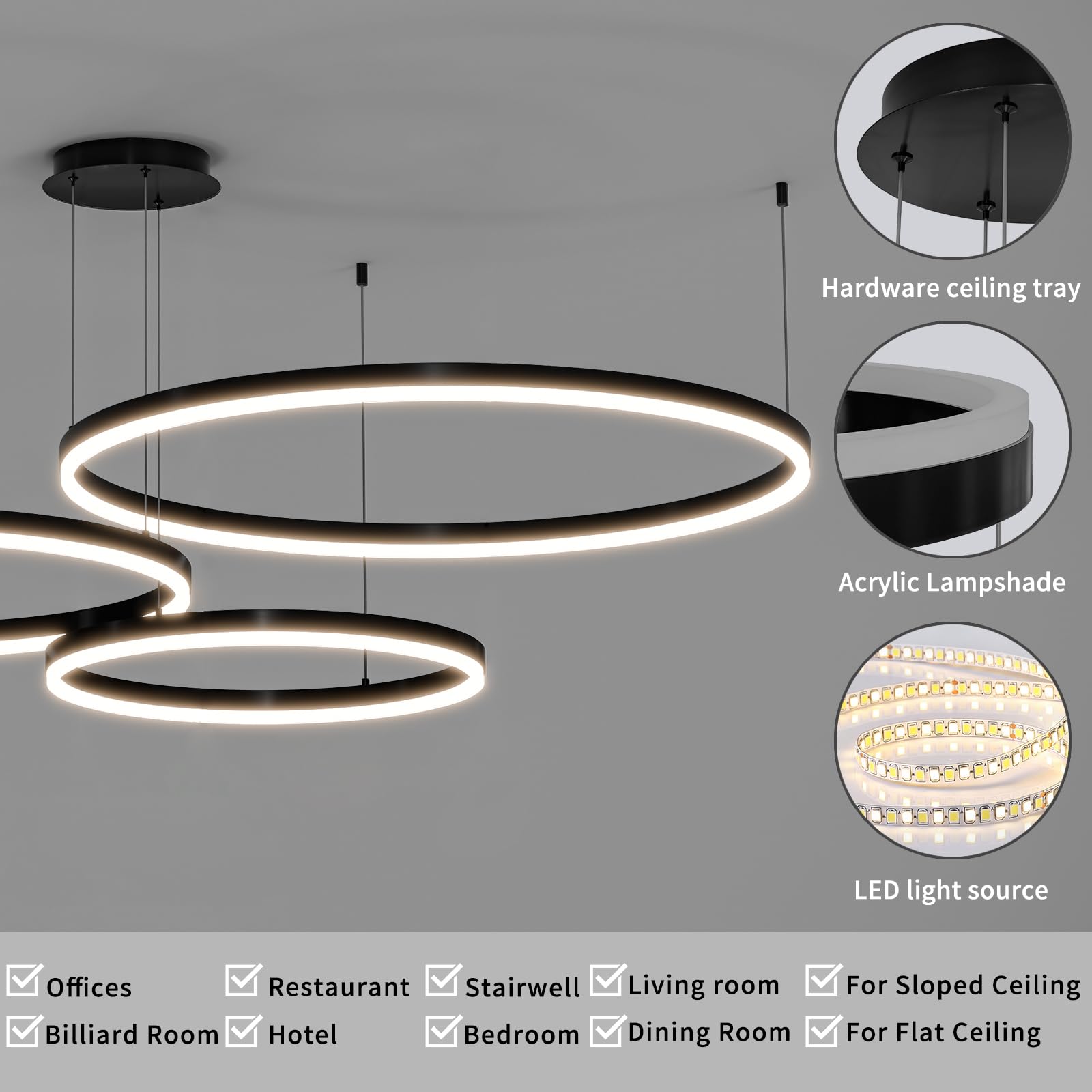 Mikeru Modern LED Chandelier Light, 3000K-6500K Adjustable, Aluminum, 15.7*23.6*31.5IN, A-Black, Model