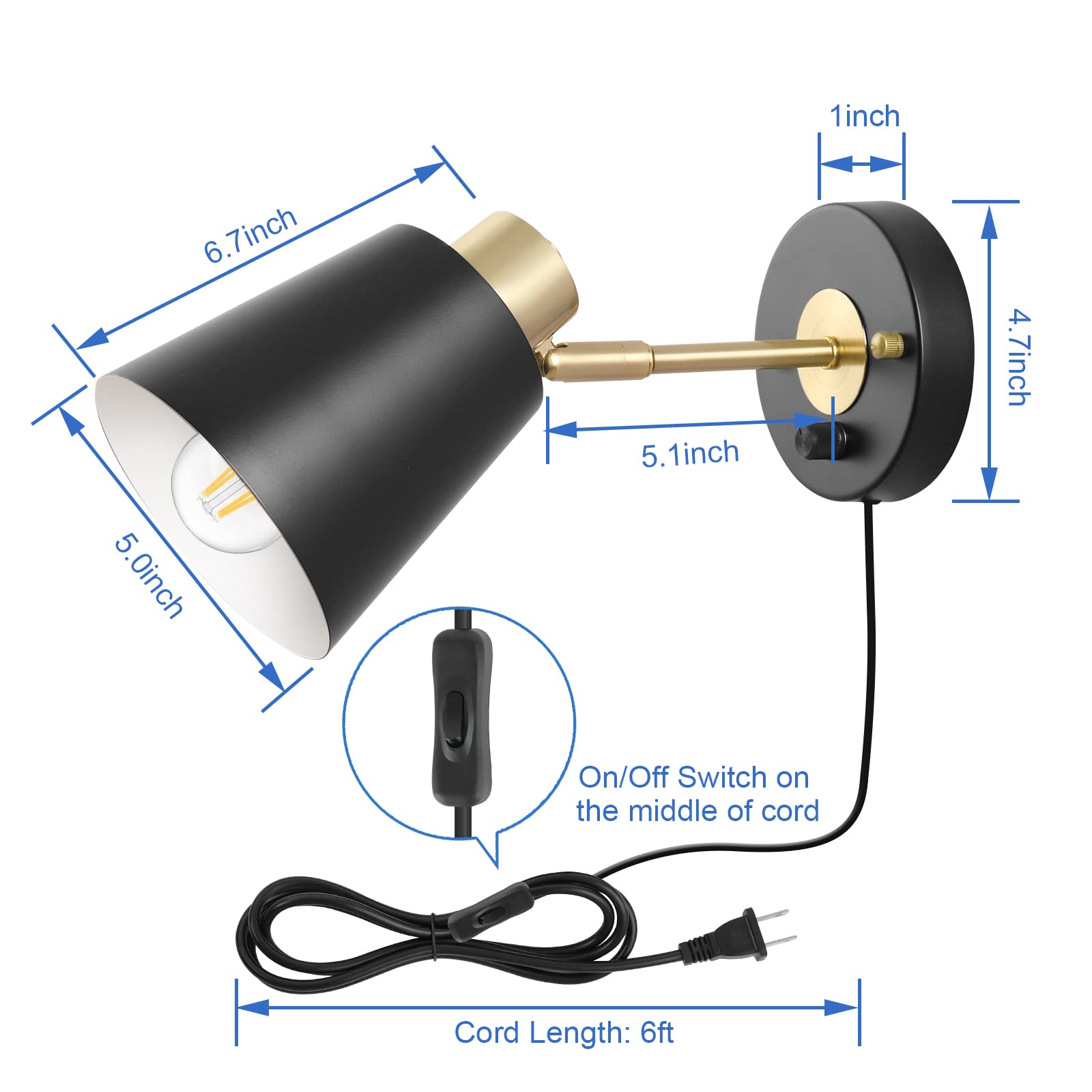 VATONI Wall Sconce Plug-In, Dimmable Adjustable Light, 2 Pack, Black, Brass, Model Stlamp-Blk-2P, Bulbs Included