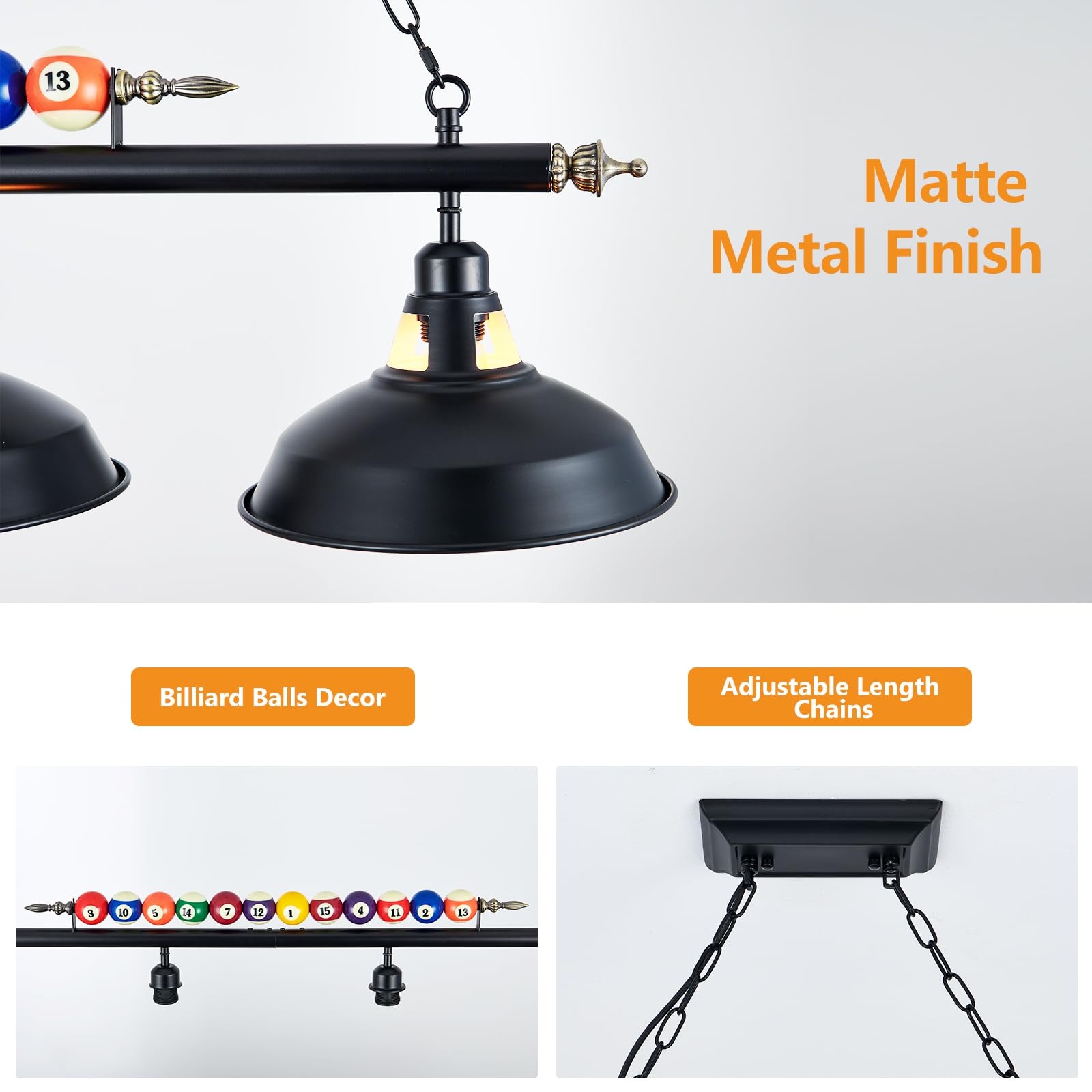 Mcacggo Billiard Pool Table Lights 4-Light Black Matte Metal Shades, 50'' Pool Table Lighting For 7'-8' Table, Billiard Light Su