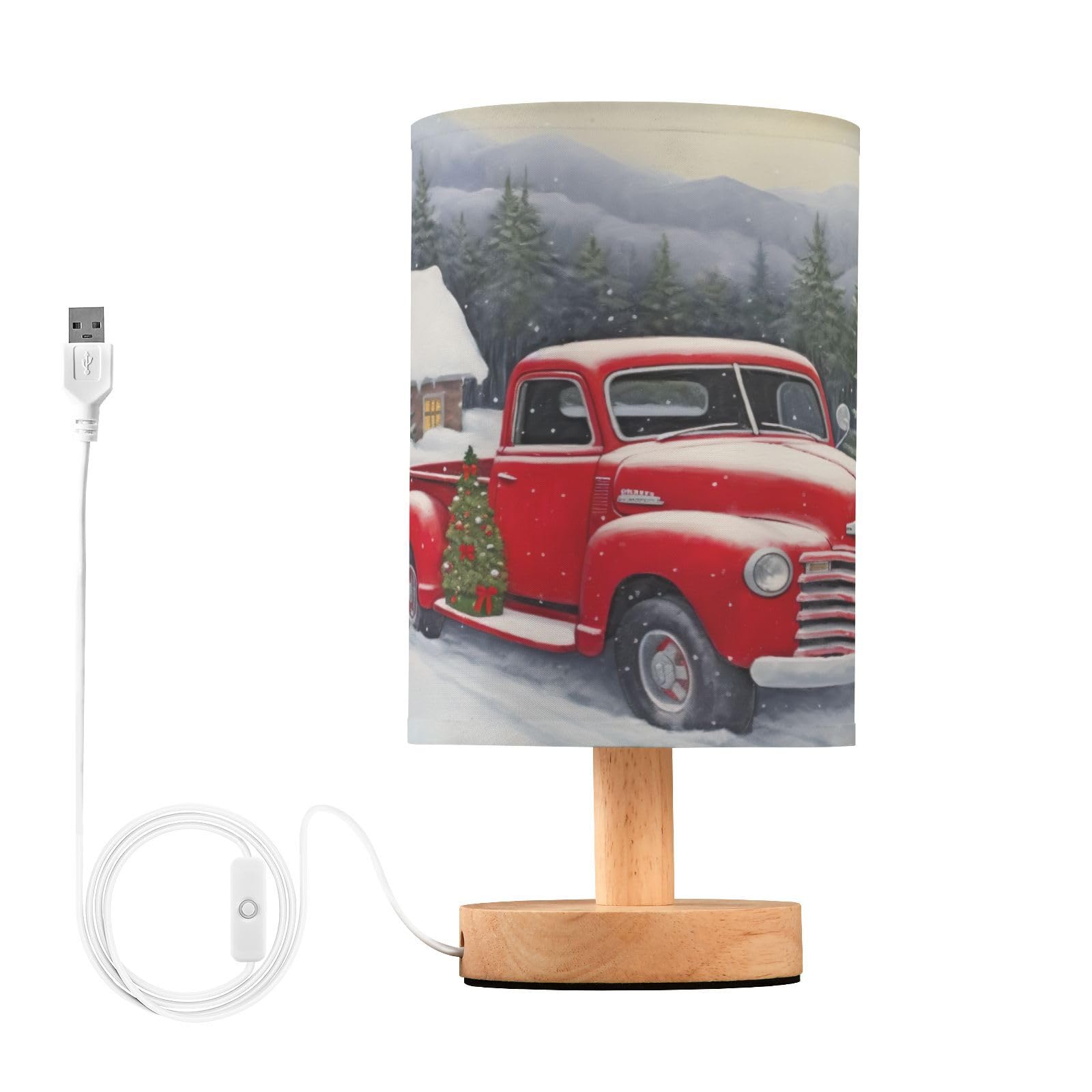 Coikll Red Truck Farm Christmas Table Lamp Bedside with USB Ports Nightstand Lamps with Fabric Lampshade for Reading, Bedroom, L