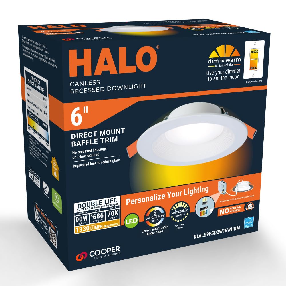 HALO RL 6 inch Canless LED Downlight, 900/1200 Lumens, 5CCT (2700K-5000K), Dim to Warm, Aluminum, Model RL