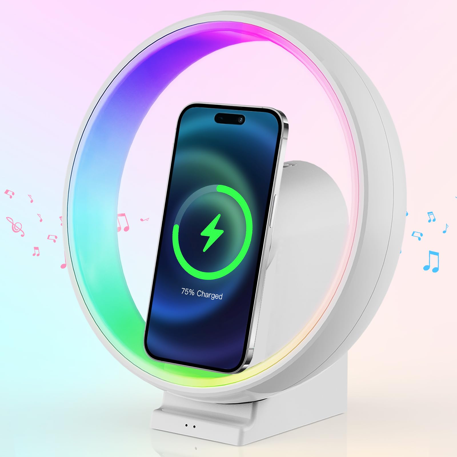 POSVIU Wireless Bluetooth Speaker with RGB Light, Skywheel 15W Wireless Charger Ambient Lamp & Phone Holder, Bedside Night Light
