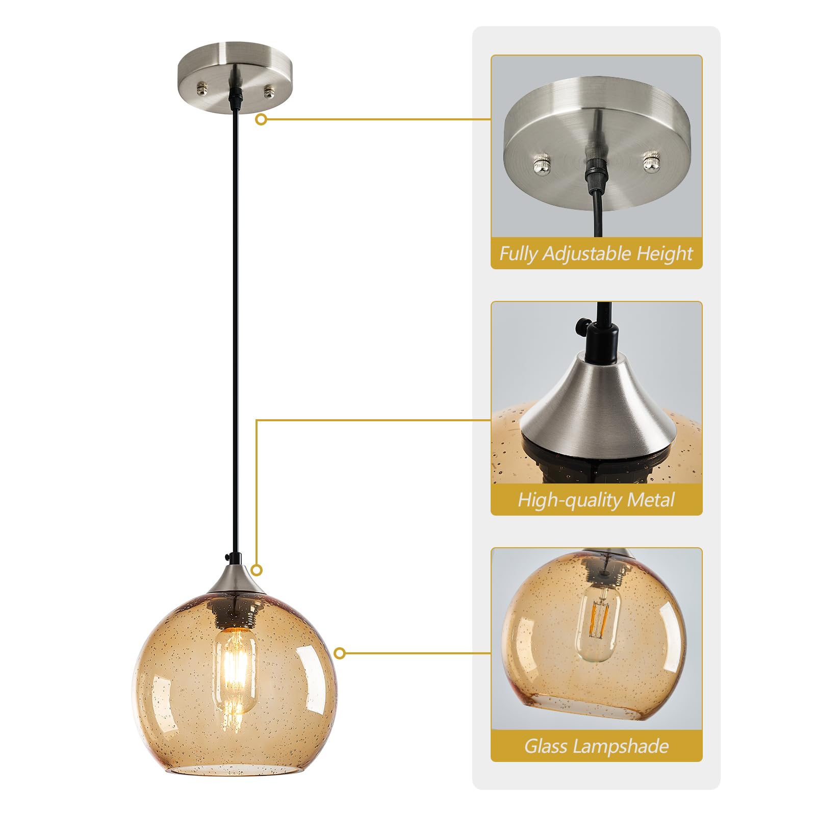 Lbsqj Light Brown Glass Pendant Lights Kitchen Island Lighting Globe Pendant Light Fixtures Modern Pendant Lighting For Bedroom Living Dining Room Light Fixture (7.87 In  1 Pack)