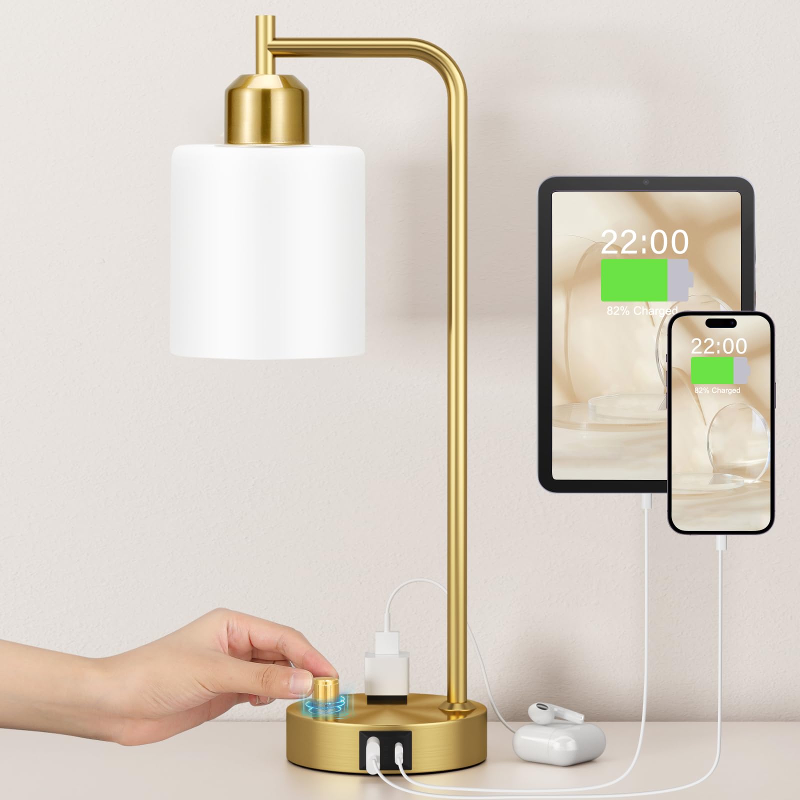Innqoo Gold Lamp for Bedroom - Industrial Bedside Table Lamp with USB Port and Outlet, Fully Dimmable Nightstand Lamp with Opal 