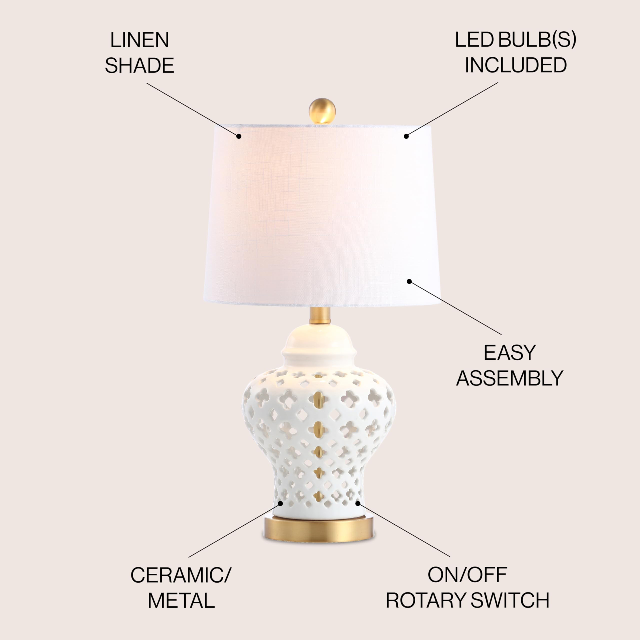 Jonathan Y Jyl6210A Quatrefoil Fretwork 20.5'' Pierced Ginger Jar Ceramic/Metal Led Table Lamp Glam Bedside Desk Nightstand Bedr