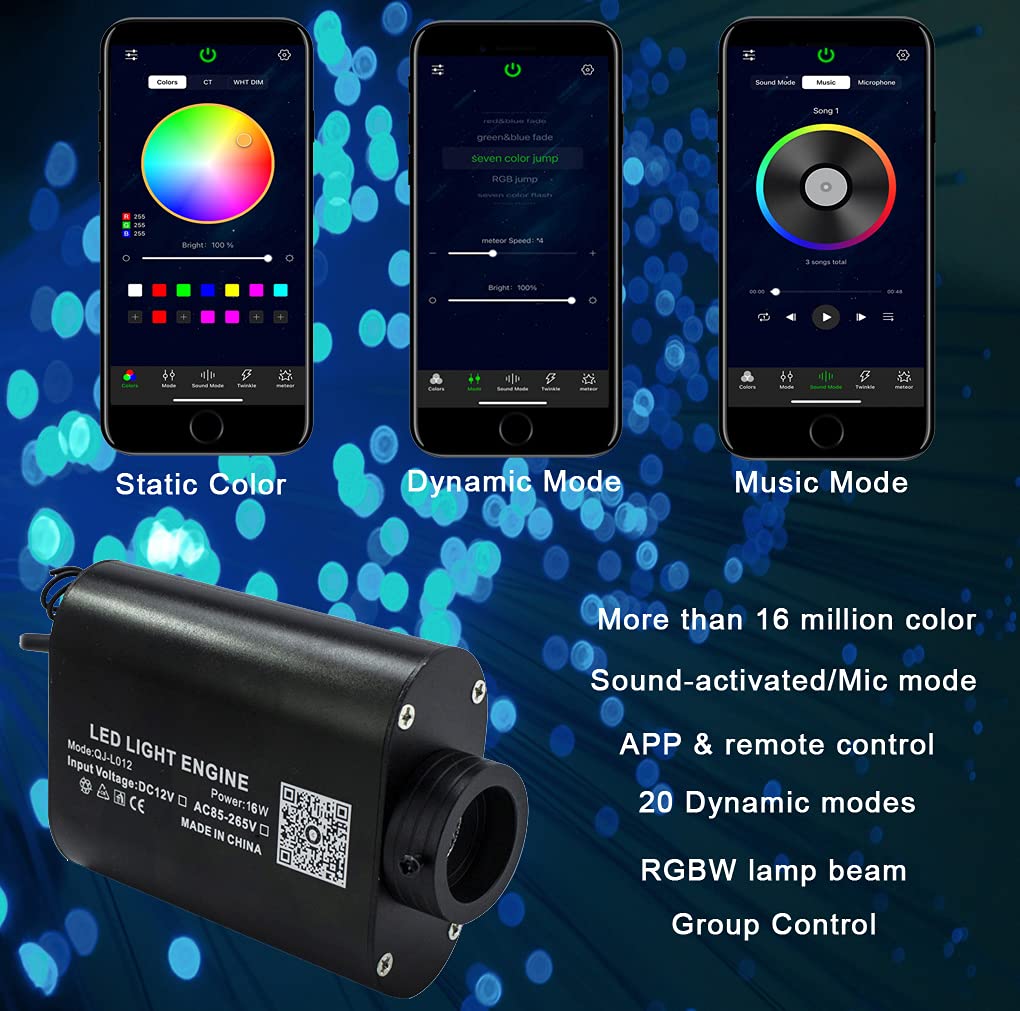 AZIMOM Bluetooth Fiber Optic Light Kit 16W Music Mode 300pcs 0.03in 6.5ft Black
