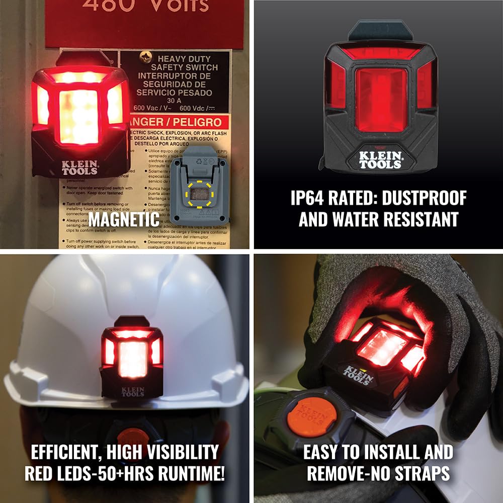 Klein Tools Rechargeable Safety Light 56063 - Red, Magnet Mount, ABS Material for Hard Hats and Safety Helmets