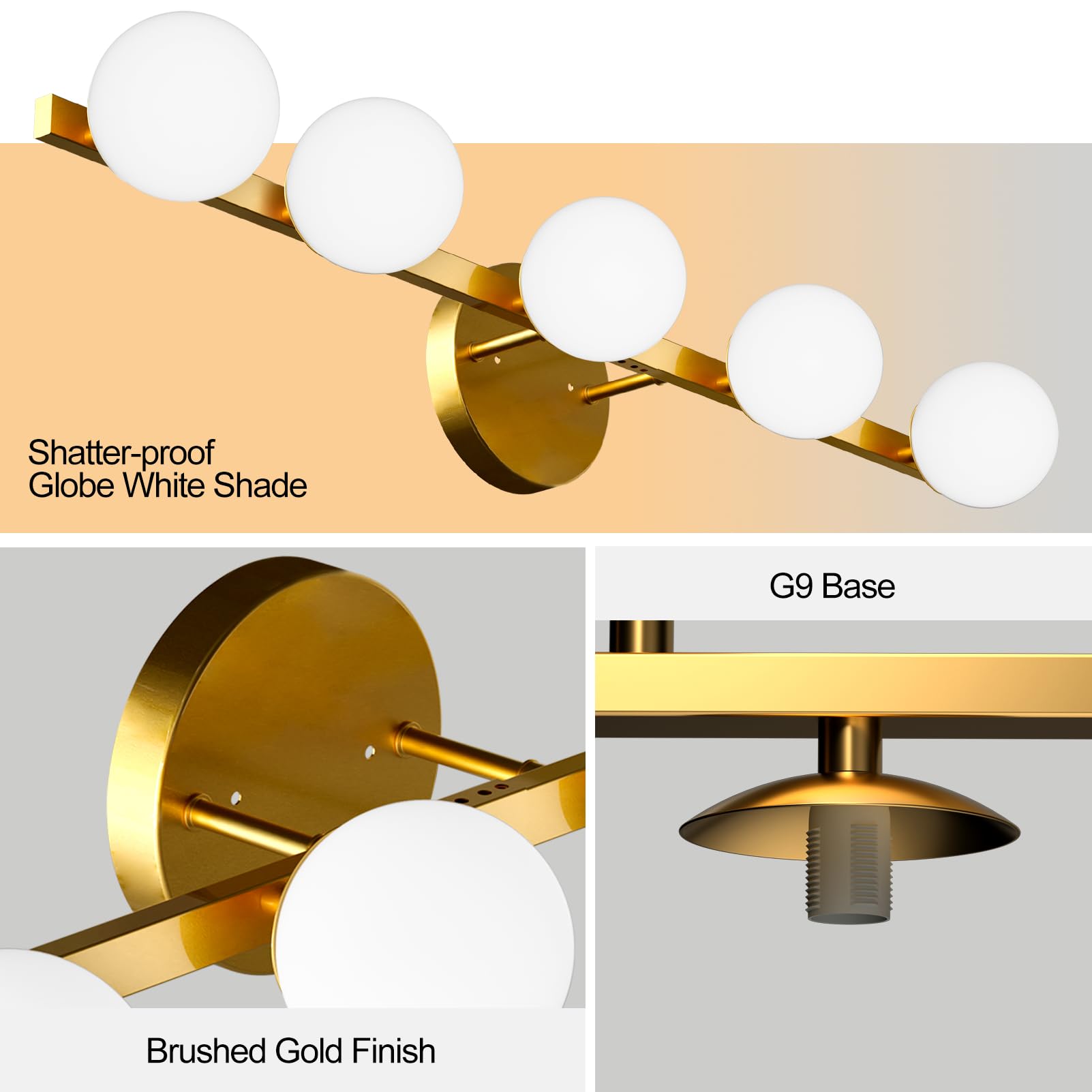 Lightdot 31'' 5-Light Modern Bathroom Vanity Light | Matte Gold Straight Frame With White Globe Water/Shatterproof Shades | Dimm