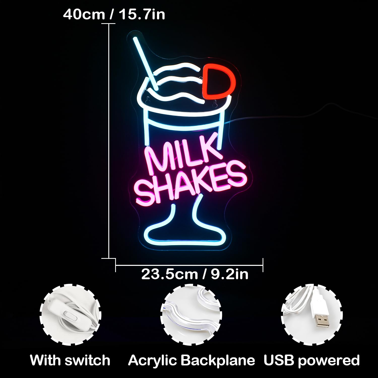 LUCUNSTAR Neon Milk Shakes Sign - Colorful LED Wall Decor for Dessert Shop, Restaurant, Bar - USB Powered, Multi-color Milkshake