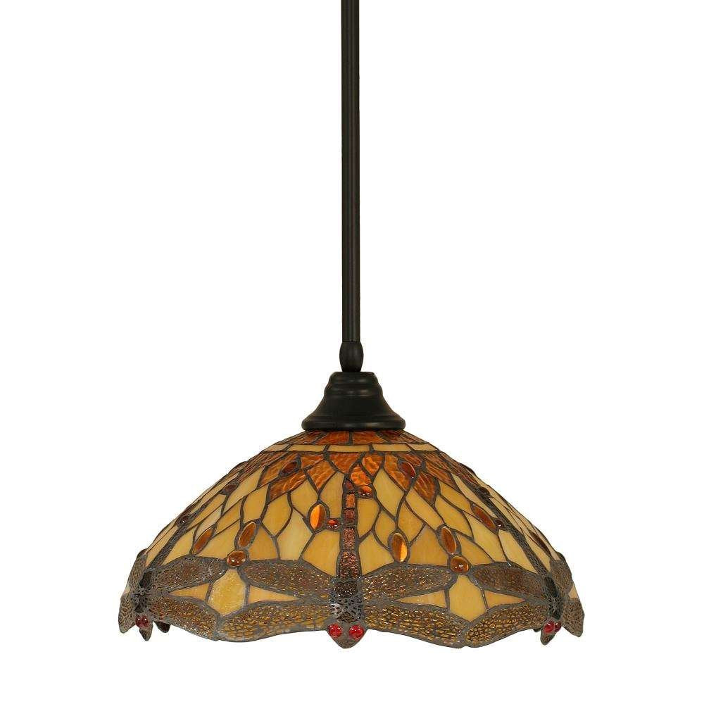 Toltec Lighting 26-Mb-946 Stem Pendant With Hang Straight Swivel With 16&quot; Amber Dragonfly Tiffany Glass, Matte Black Finish