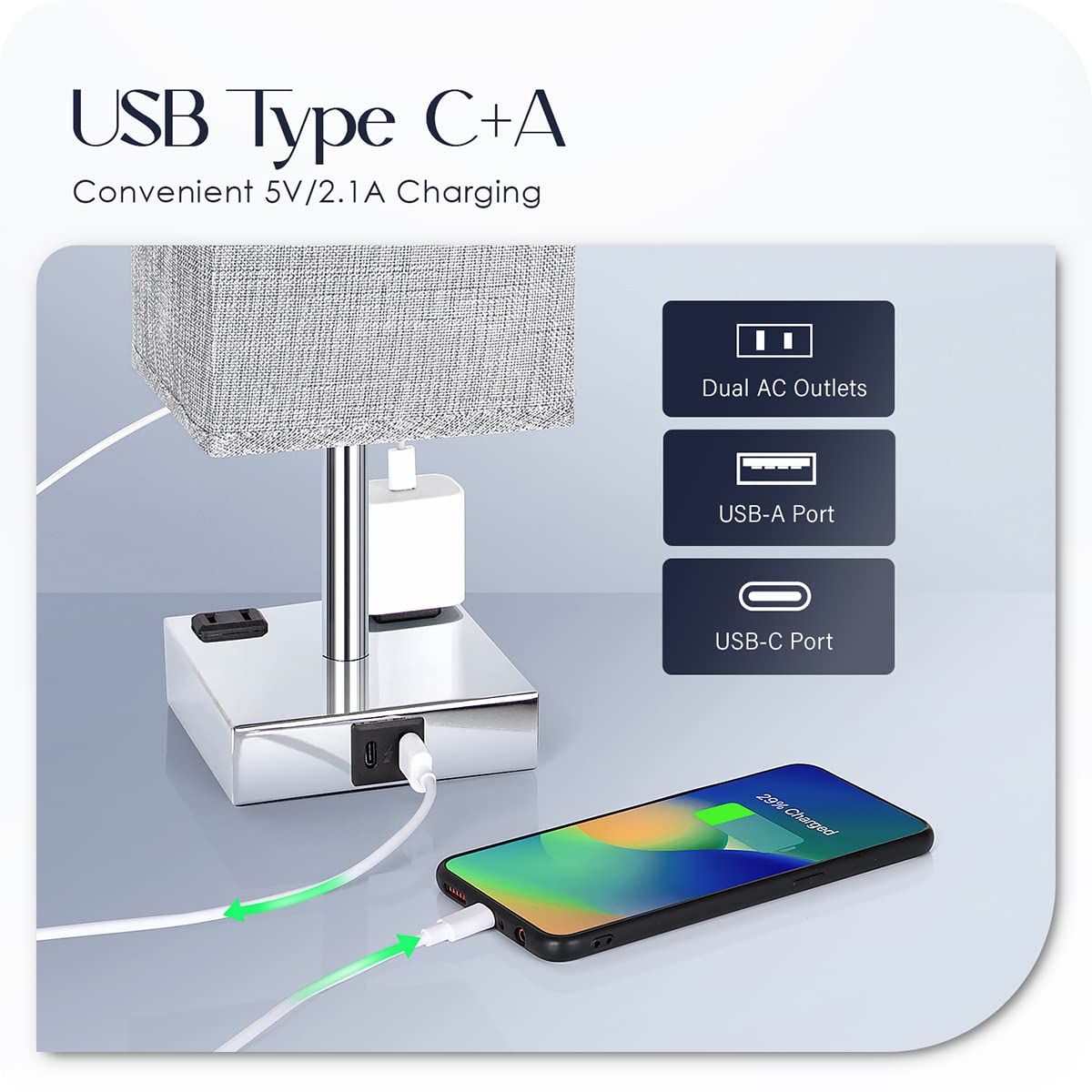 Bedside Lamp With Usb Ports - Touch Control Table Lamp For Bedroom With Usb C+A Charging Ports & Ac Outlets, 3 Way Dimmable Nigh