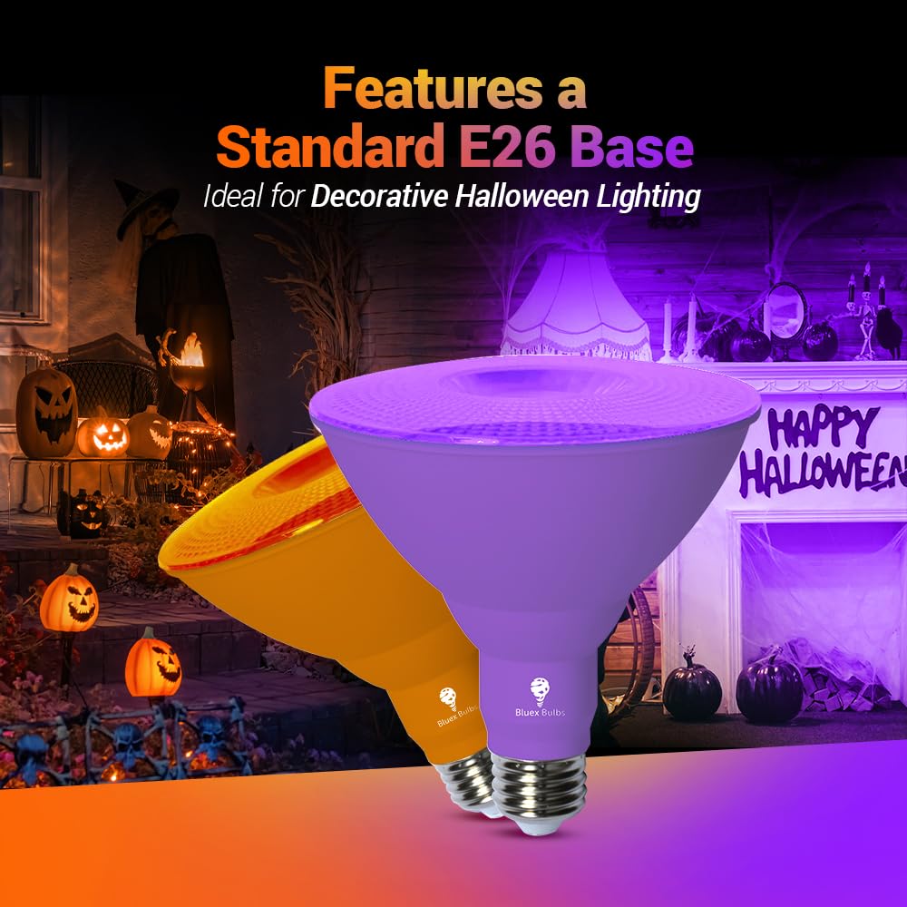 Bluex Bulbs 2 Pack Led Par38 Flood Purple Orange Light Bulb - 18W (120Watt Equivalent) - Dimmable - E26 Led Lights, Party Decoration,Home Lighting, Holiday Halloween Orange Purple Flood Lights Bulbs