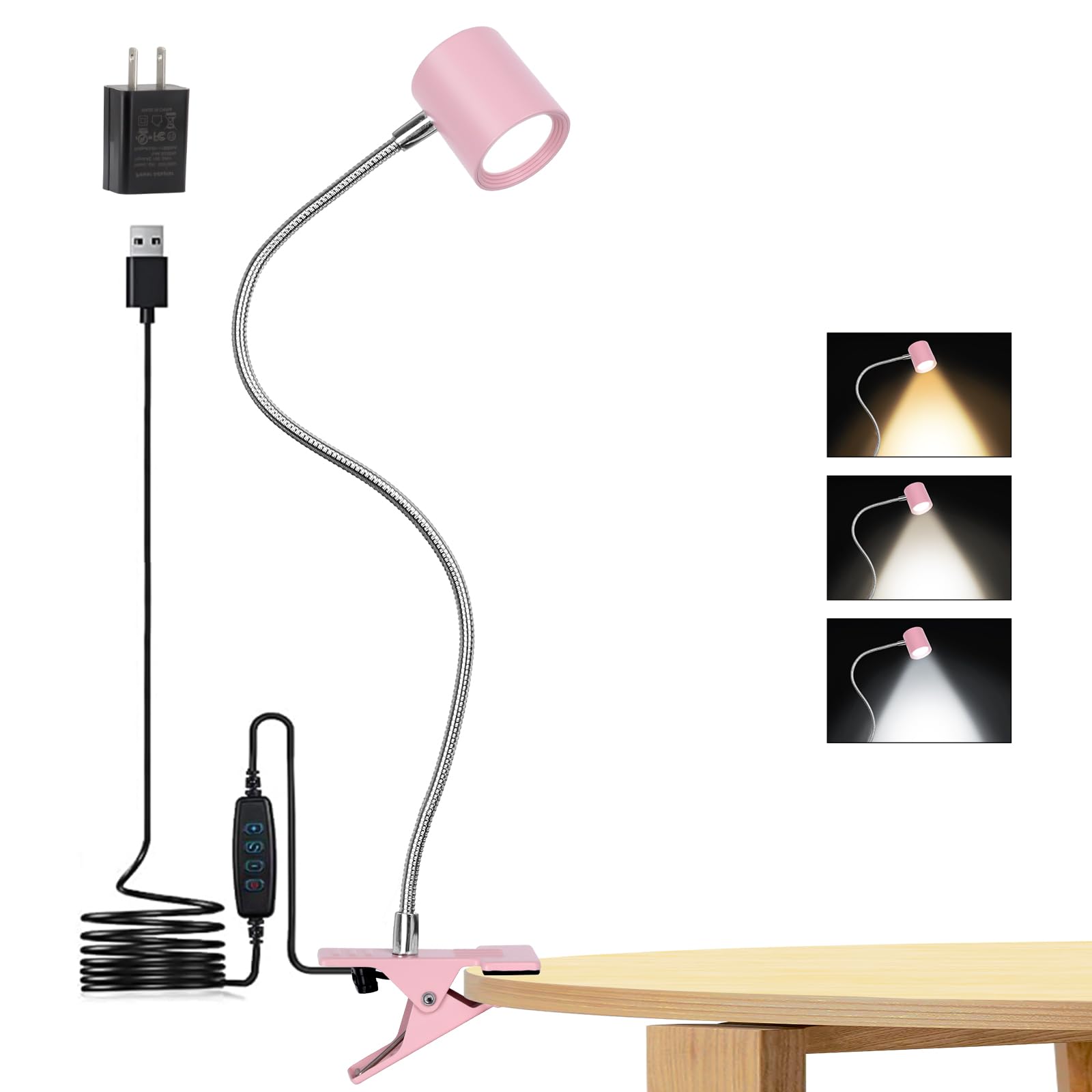 Best World LED Reading Light - 3 Modes, 10 Brightness Levels, Clip on, Aluminum, Pink, Model DA-3.5W-14