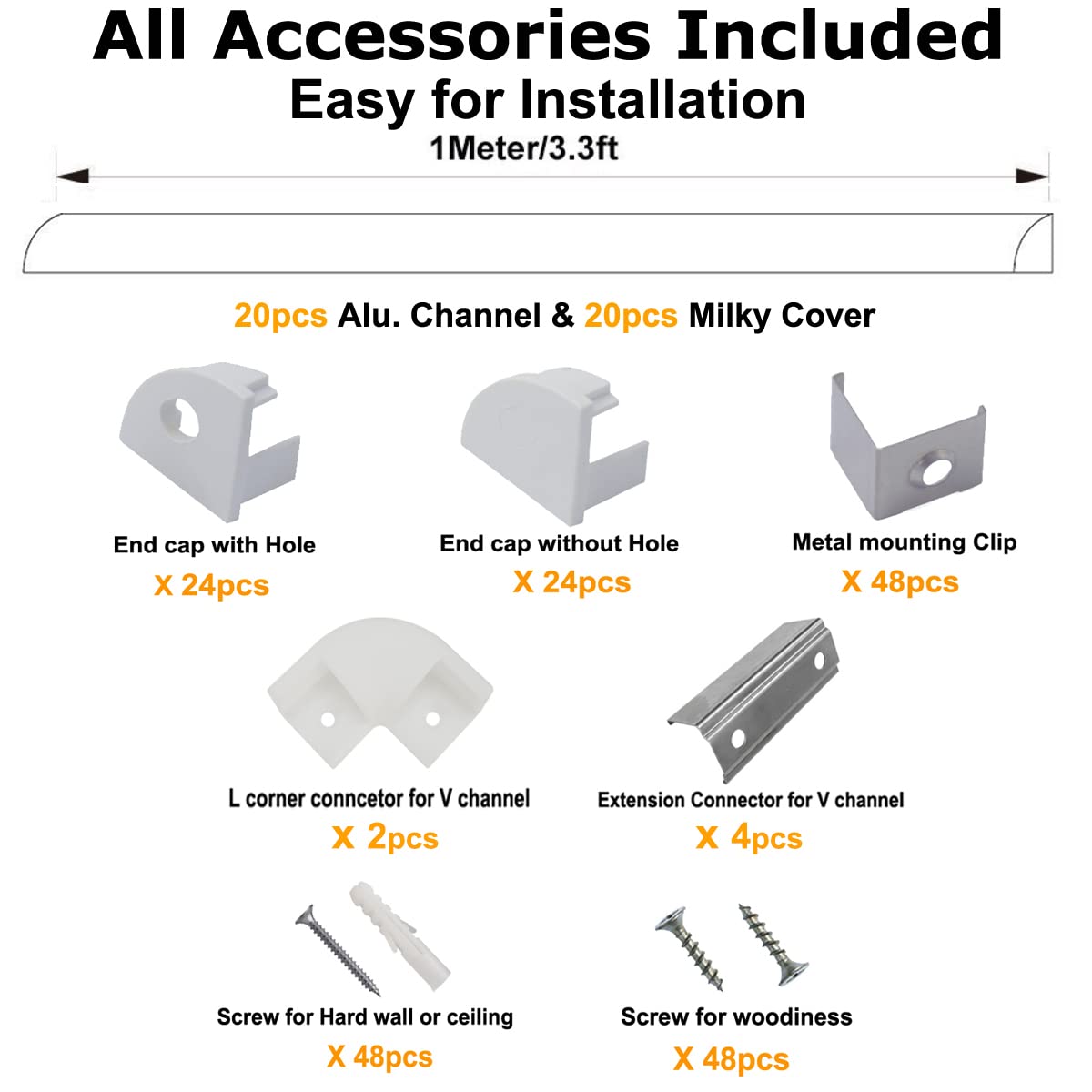 hunhun 20-Pack V Shape LED Aluminum Channel, 3.3ft, Silver, Includes Milky Cover, End Caps & Mounting Clips, Model CH-01-6