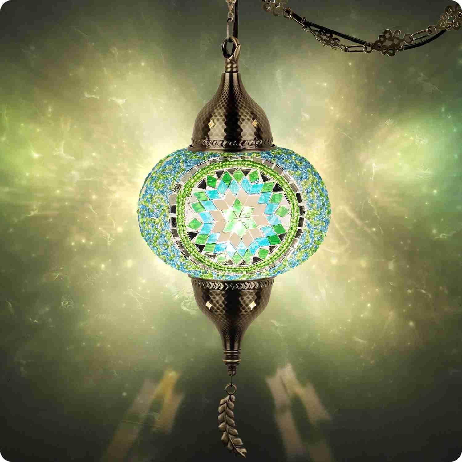 Yarra-Decor Turkish Moroccan Pendant Light - Tiffany Style Mosaic Ceiling Lamp, 15-Foot Cord, Green1, Model Ptr-1A-Gr1