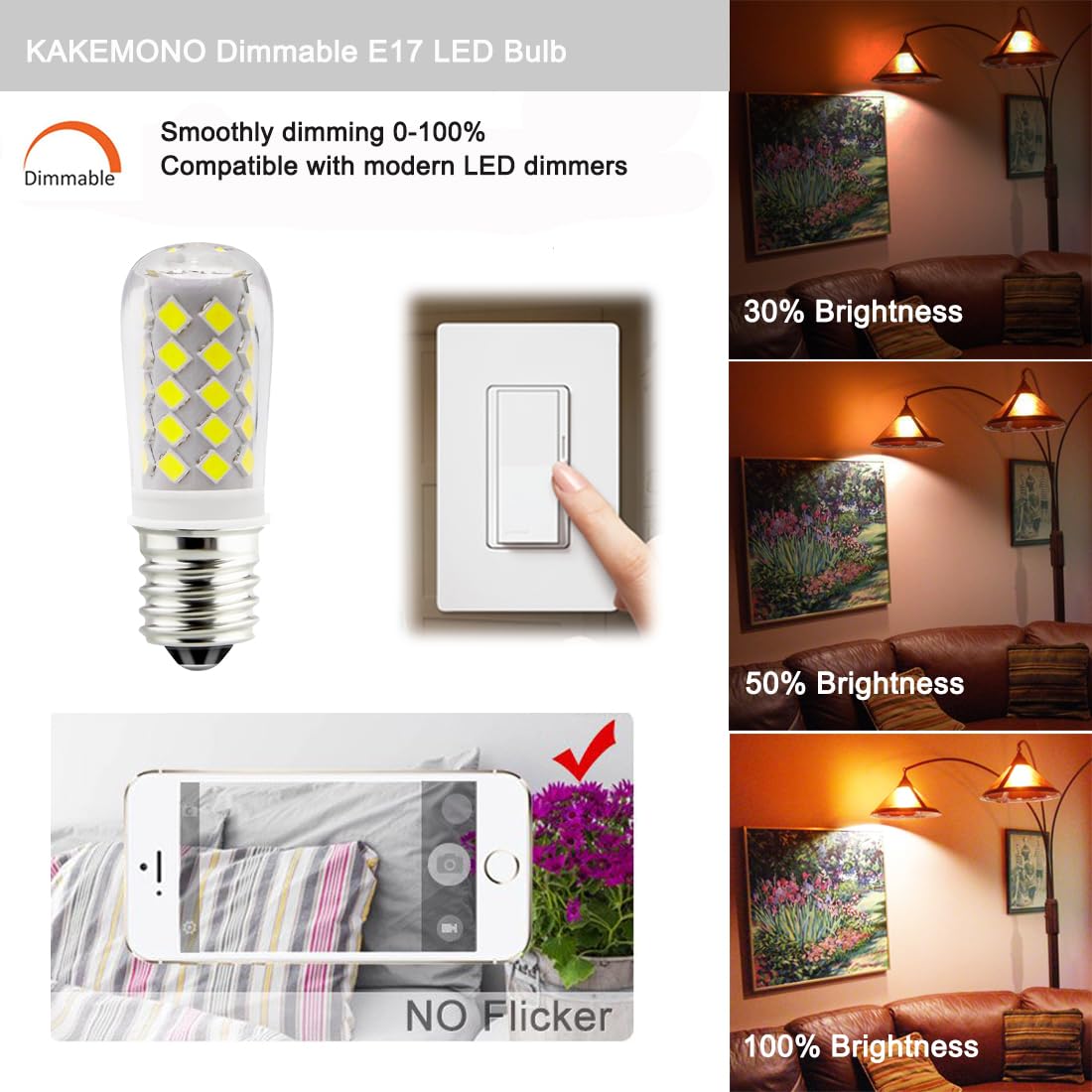Dimmable E17 Led Ceiling Fan Light Bulb 4W, 40W Halogen Equivalent,120V E17 Intermediate Base For Desk Reading Lamp,Appliance Ra