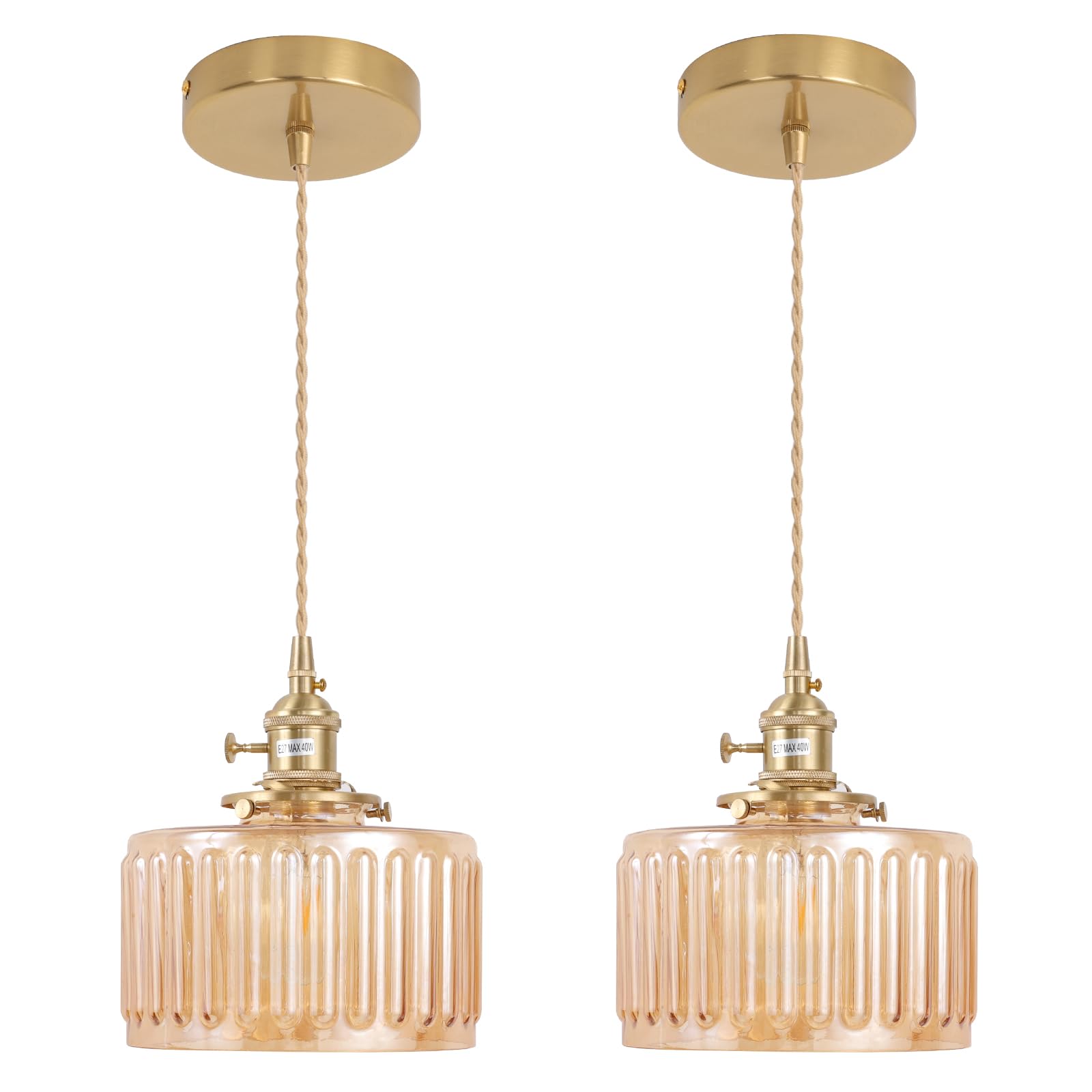 Shenmoyl Pendant Light 2 Pack with Amber Striped Glass Lmapshade, Brass Vintage Pendant Light Adjustable Hanging Light for Kitch