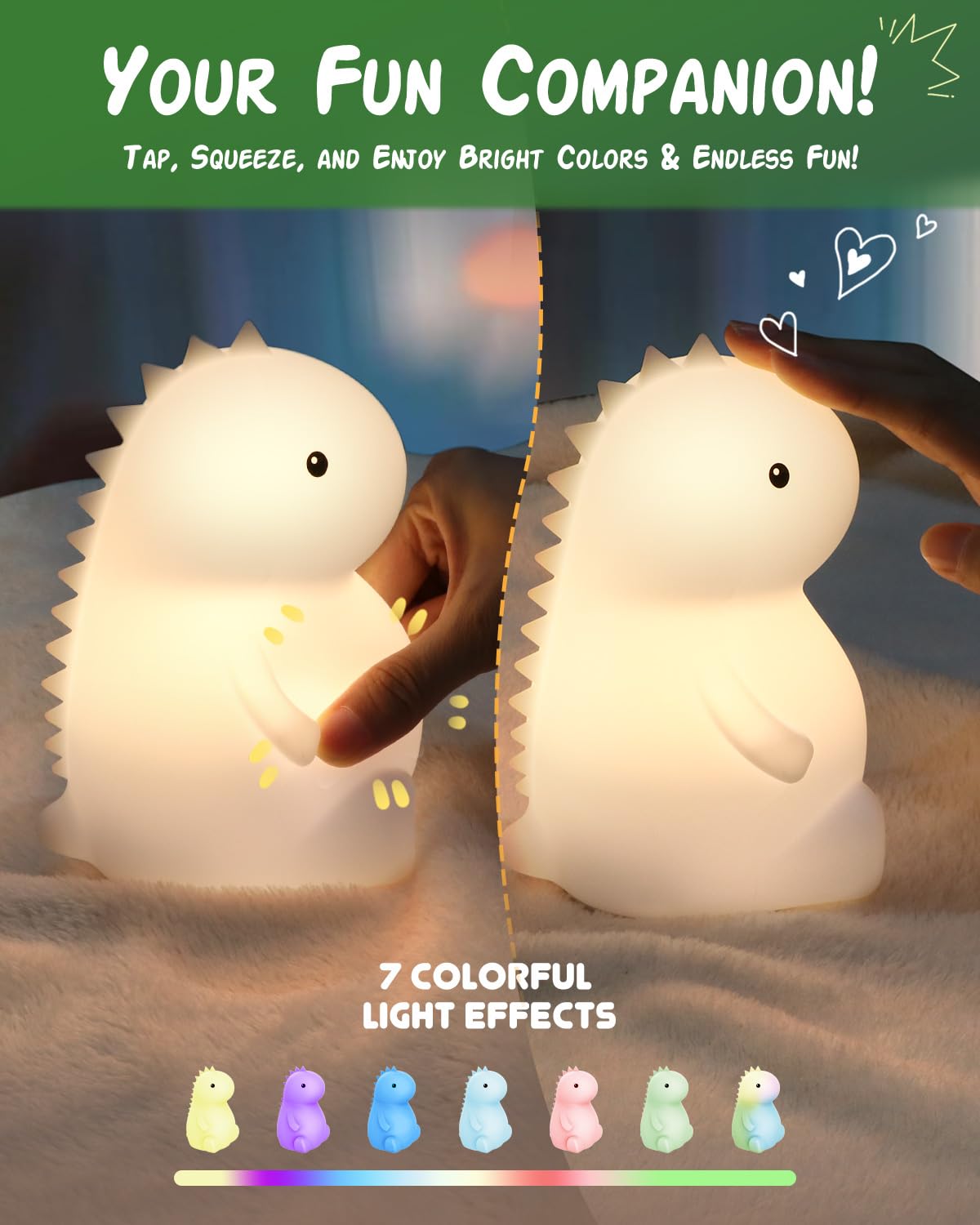 loatme Night Light for Kids, Rechargeable Silicone LED Lamp, Dimmable, 7 Colors, Dinosaur Design