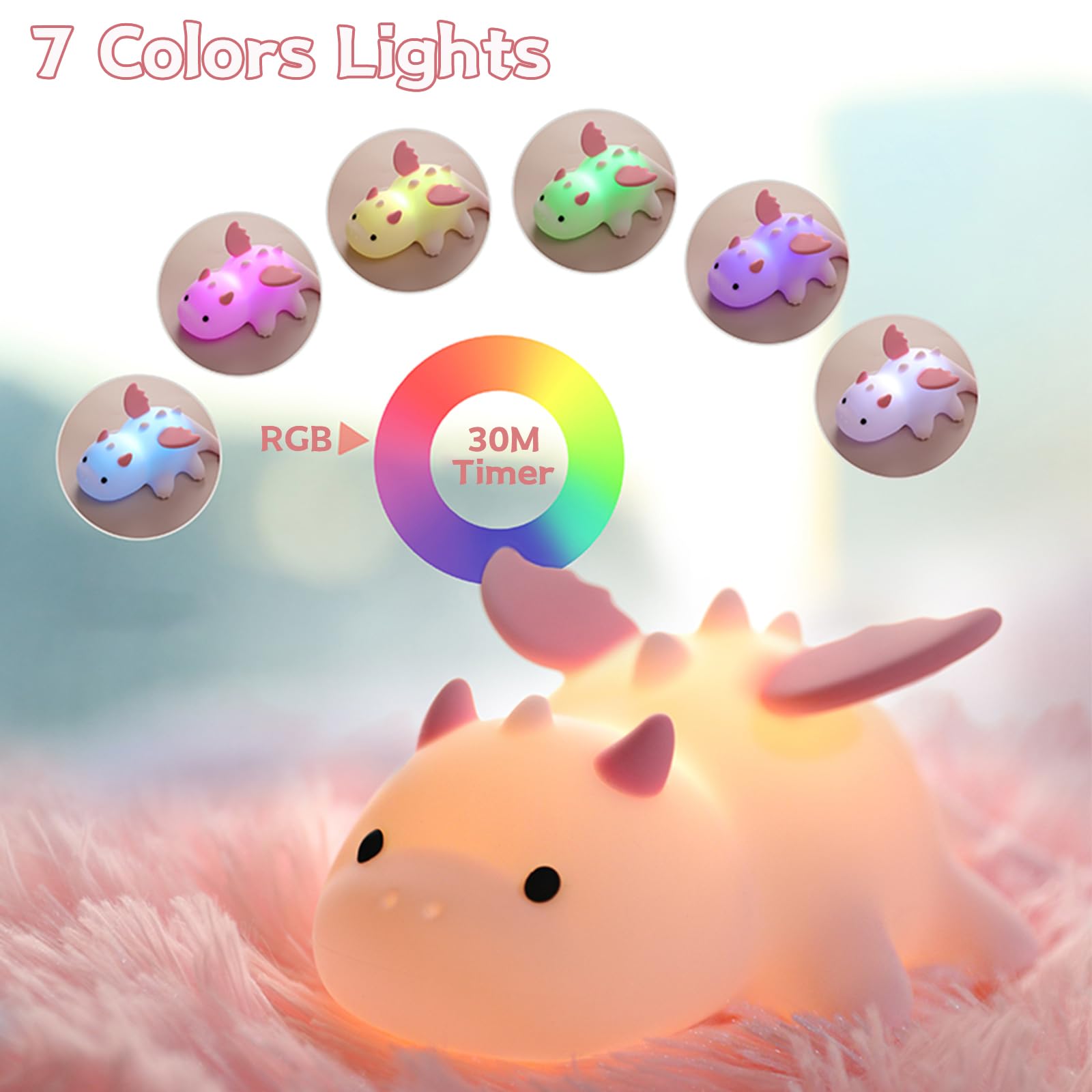 Milk Dragon Night Light for Kids, Cute Dinosaur Lamp Gifts for Boys and Girls, Dimmable Silicone Animal Magnetic Bedside Lamp, R